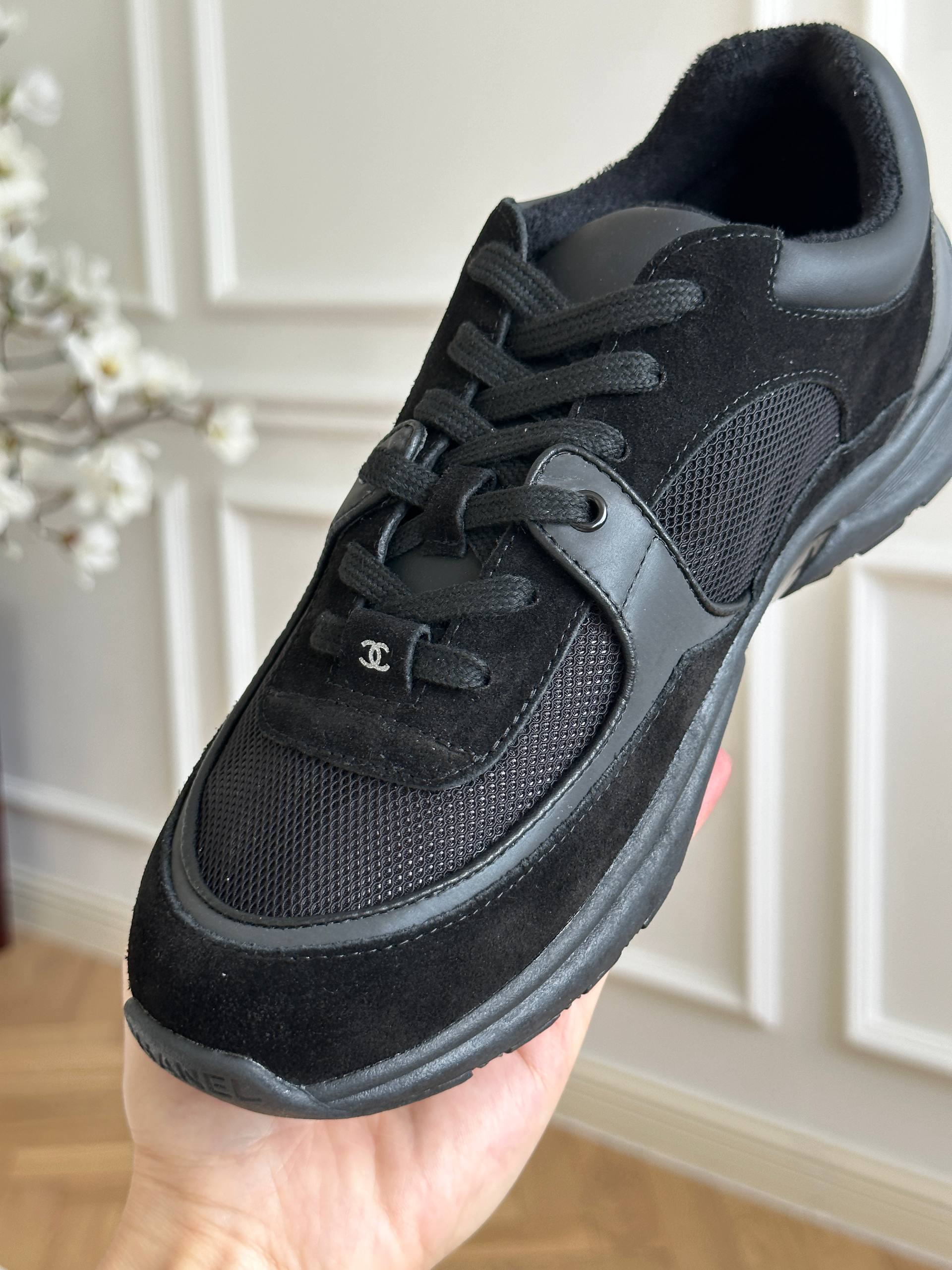 Chanel All-black Suede Mesh Panel CC Logo Low Top Sneakers