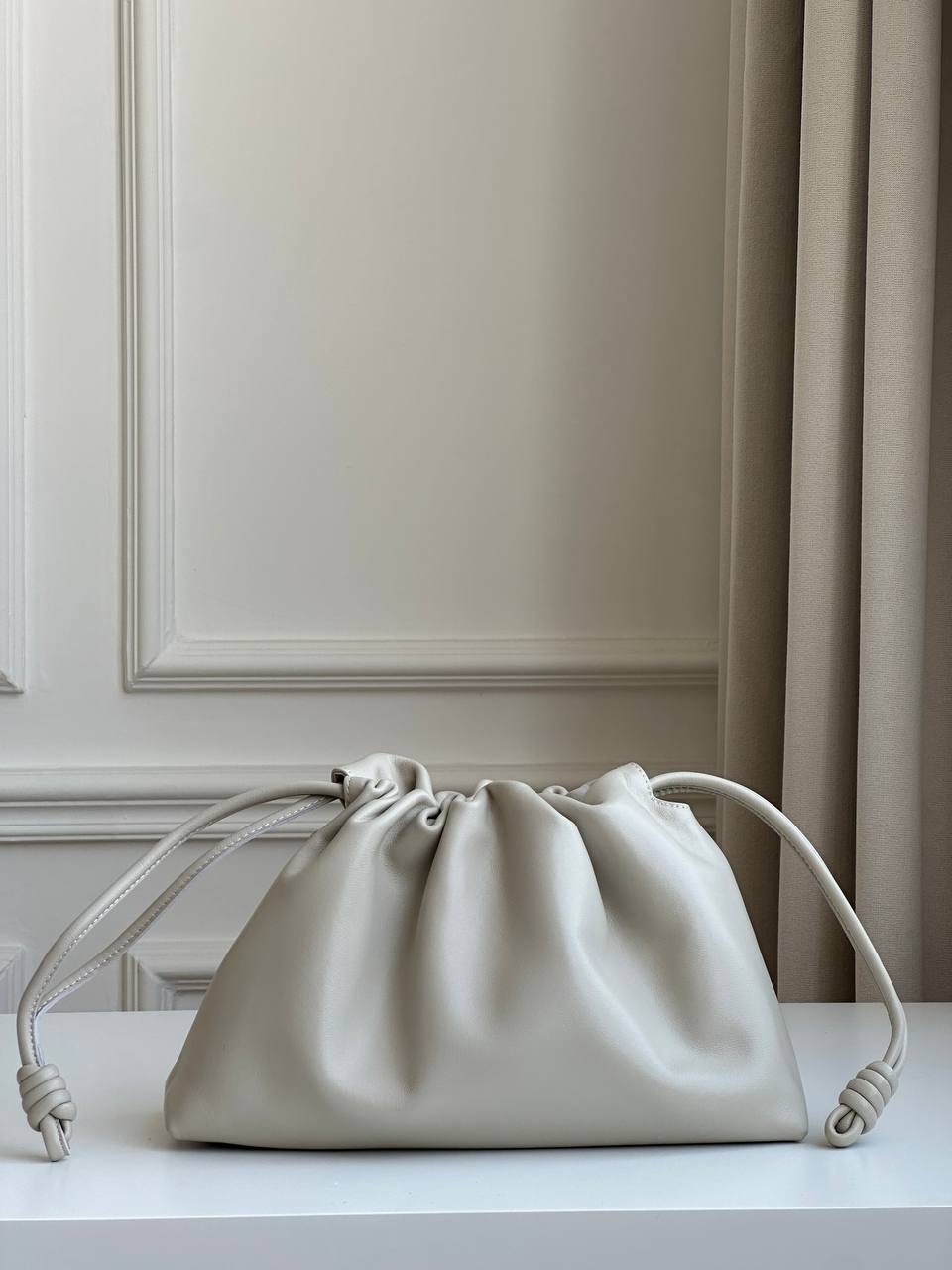 Bottega Veneta Light Grey Smooth Lambskin Knot Drawstring Jodie Cloud Shoulder Crossbody Bag