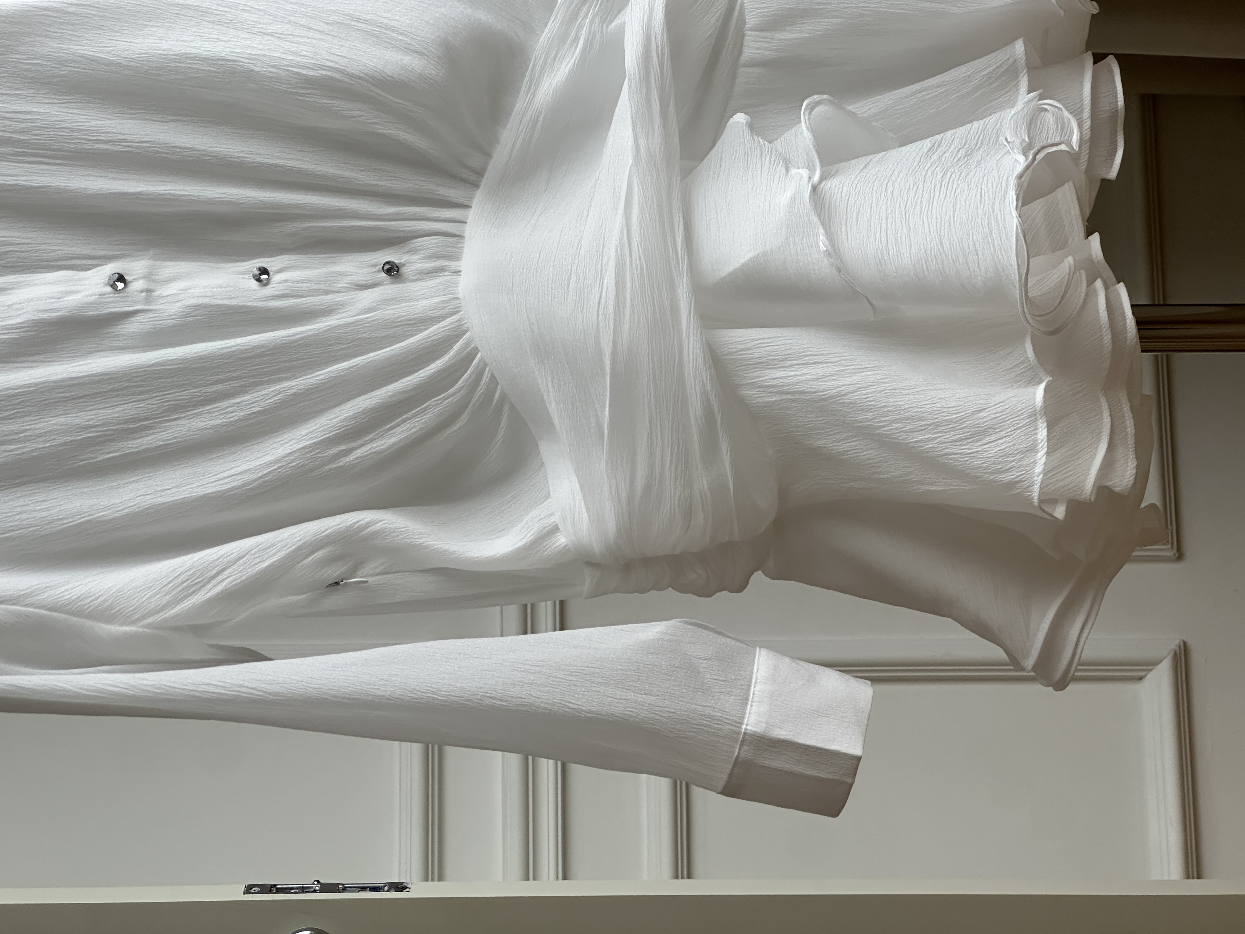 White Crinkled Texture Big Point Collar Waist Tie Ruffle Hem Shirt Mini Dress