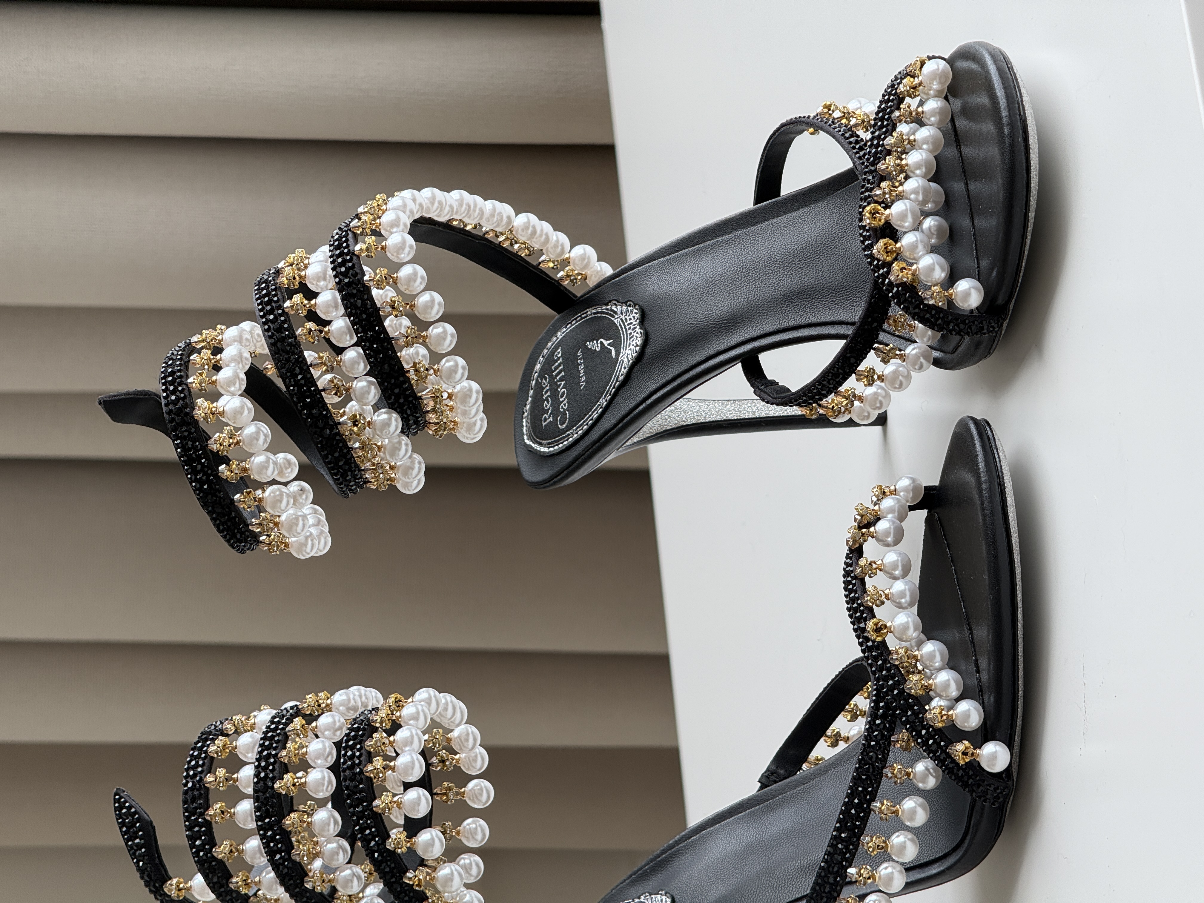 René Caovilla Pearl Wrapped Snake Thin Heel Sandals