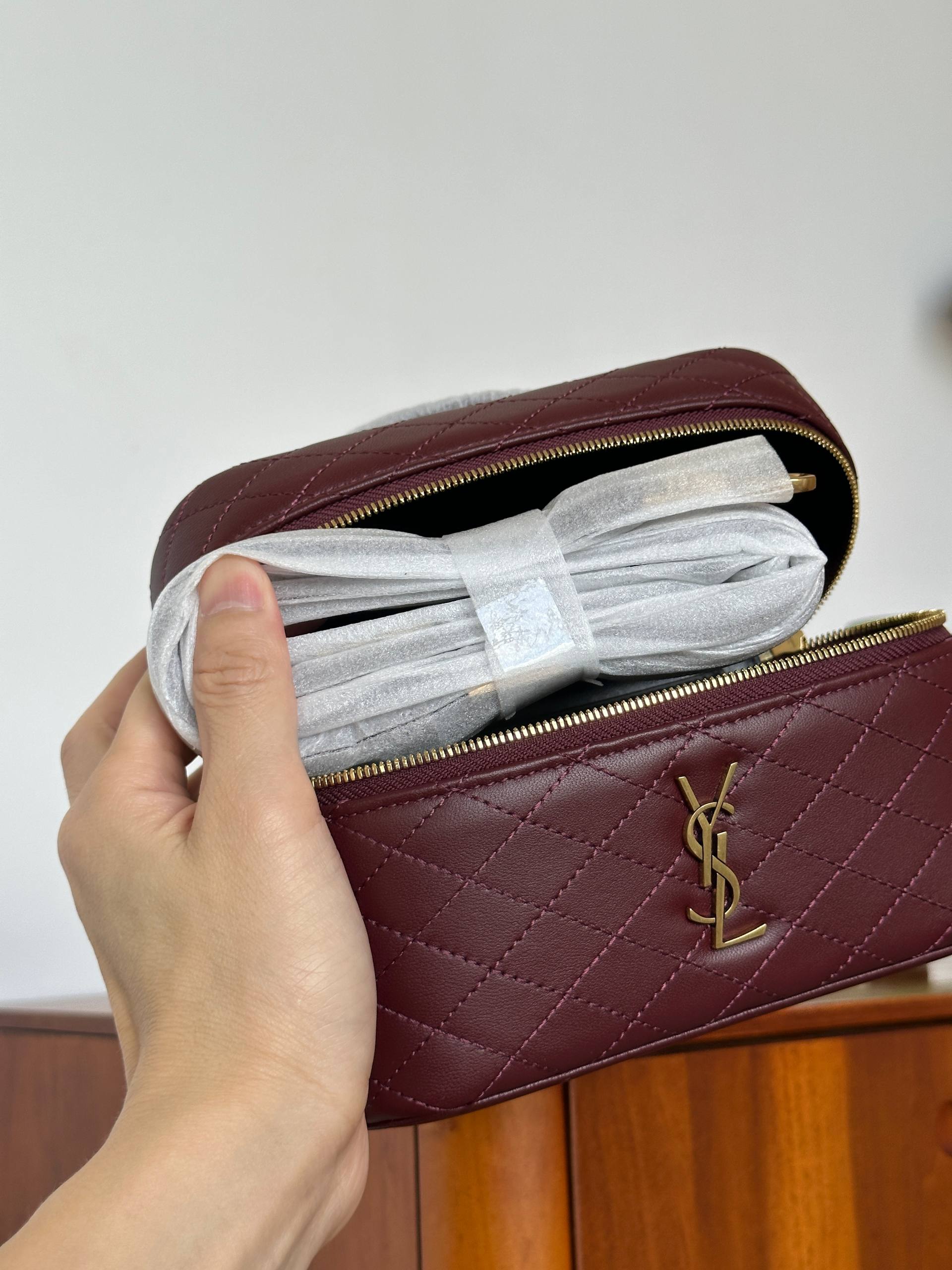 Yves Saint Laurent Burgundy Quilted Lambskin Mini Vanity Top Handle Bag