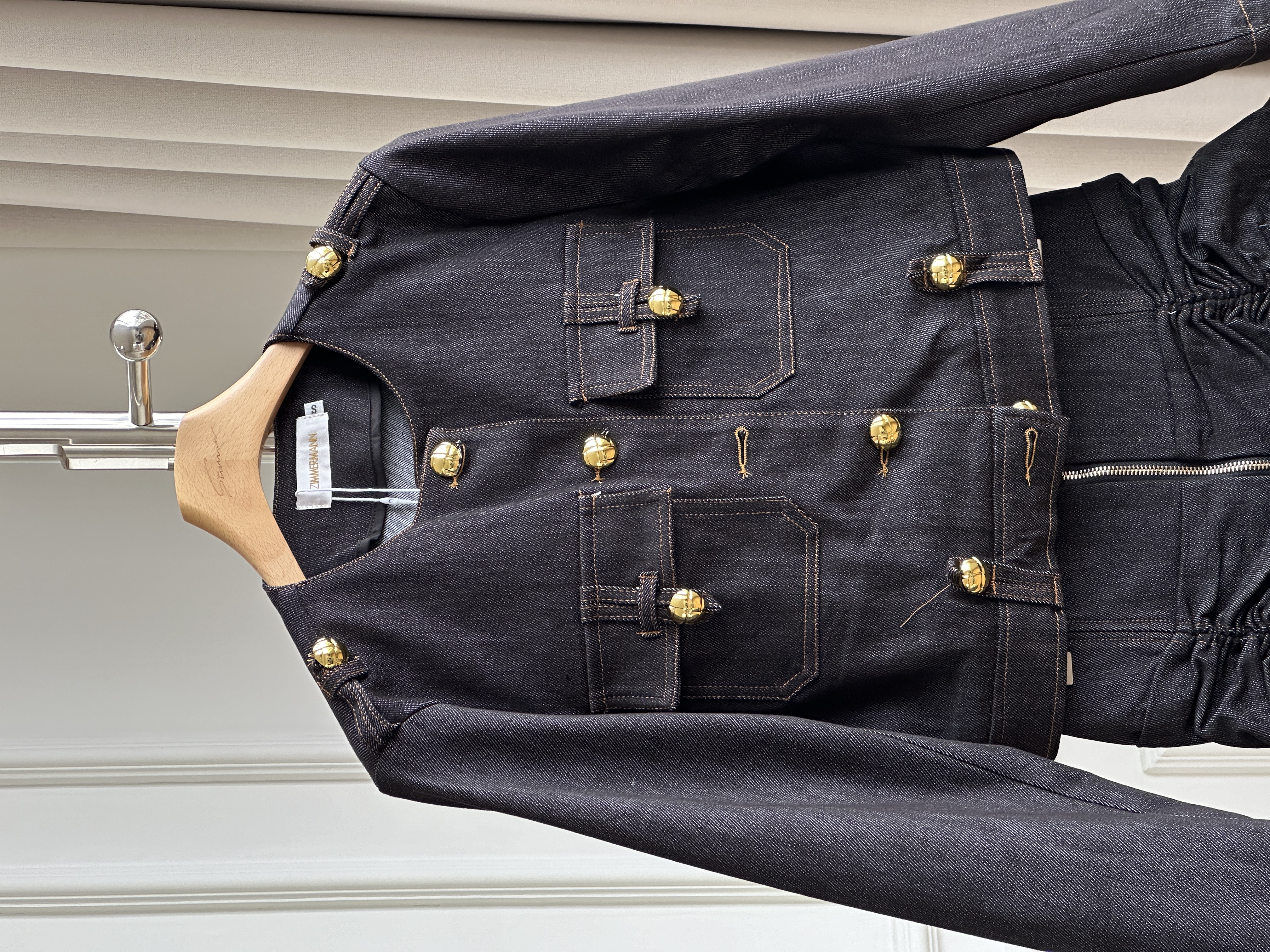 Chanel Style Round Neck Gold Button Cropped Denim Jacket & Ruched Bud Mini Skirt Two Piece Set