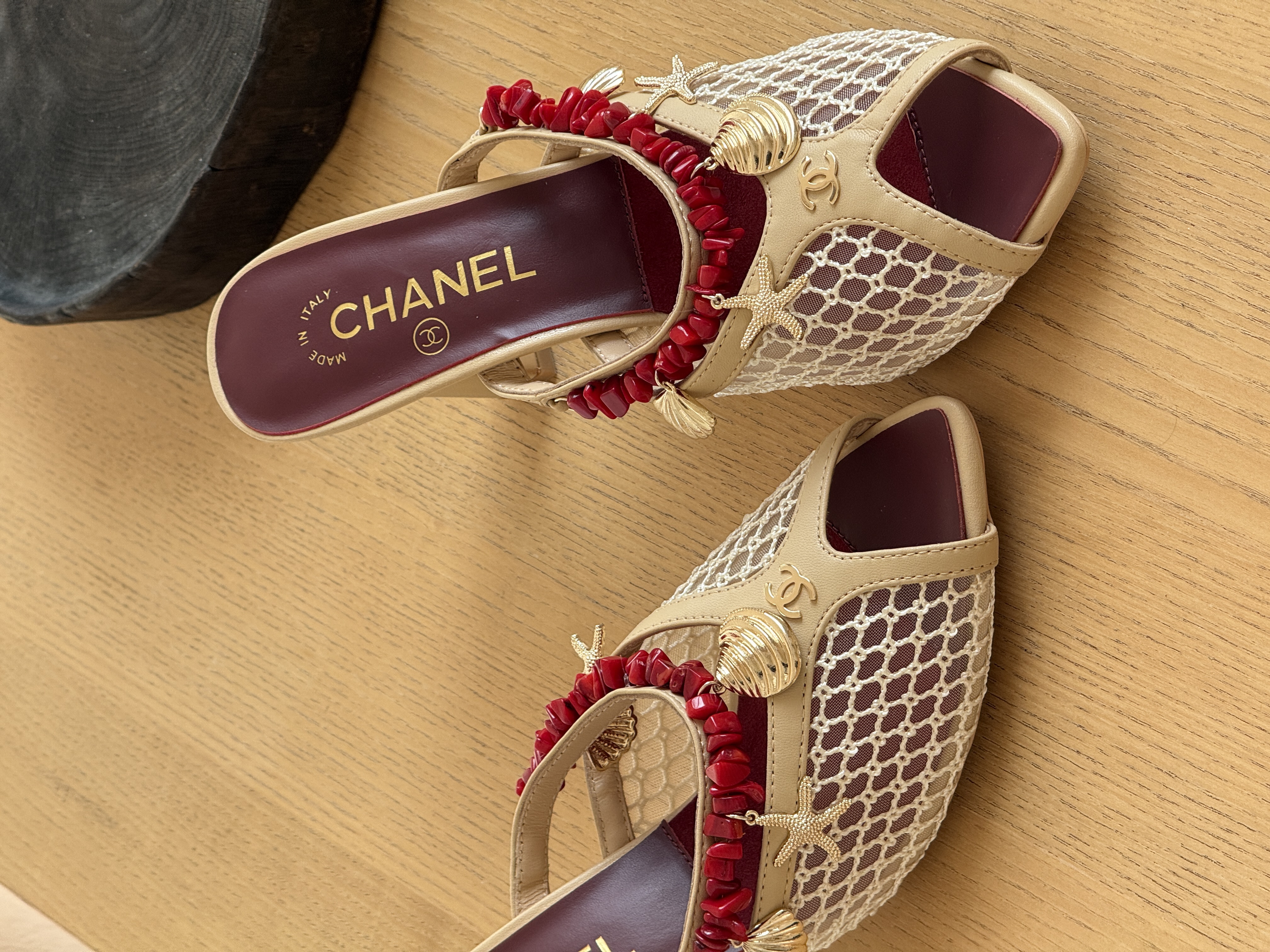 Chanel Mesh & Leather Red Bead Ocean Charm Block Heel Open-Toe Mule Sandals