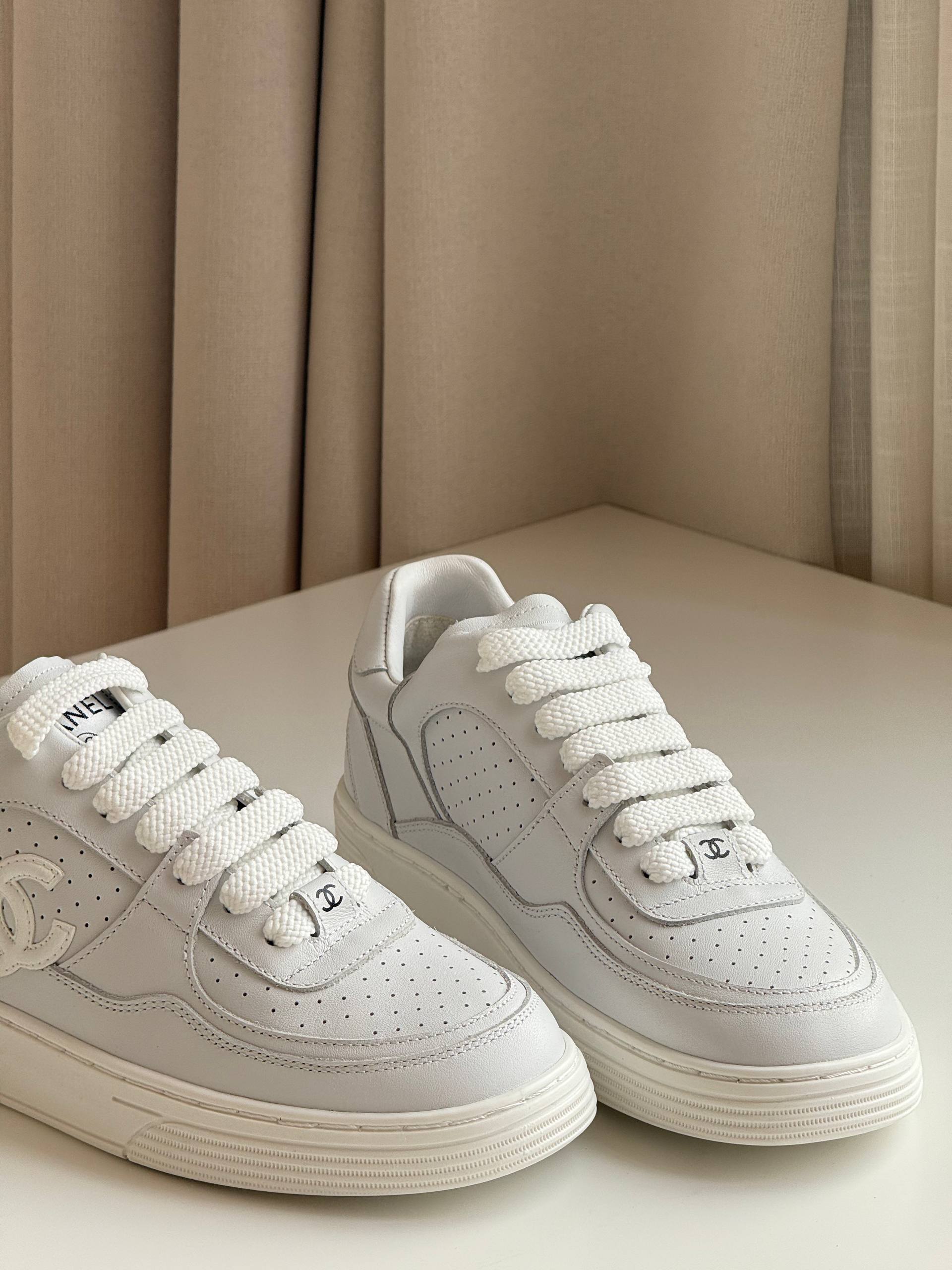 Chanel full-grain leather CC white sneakers