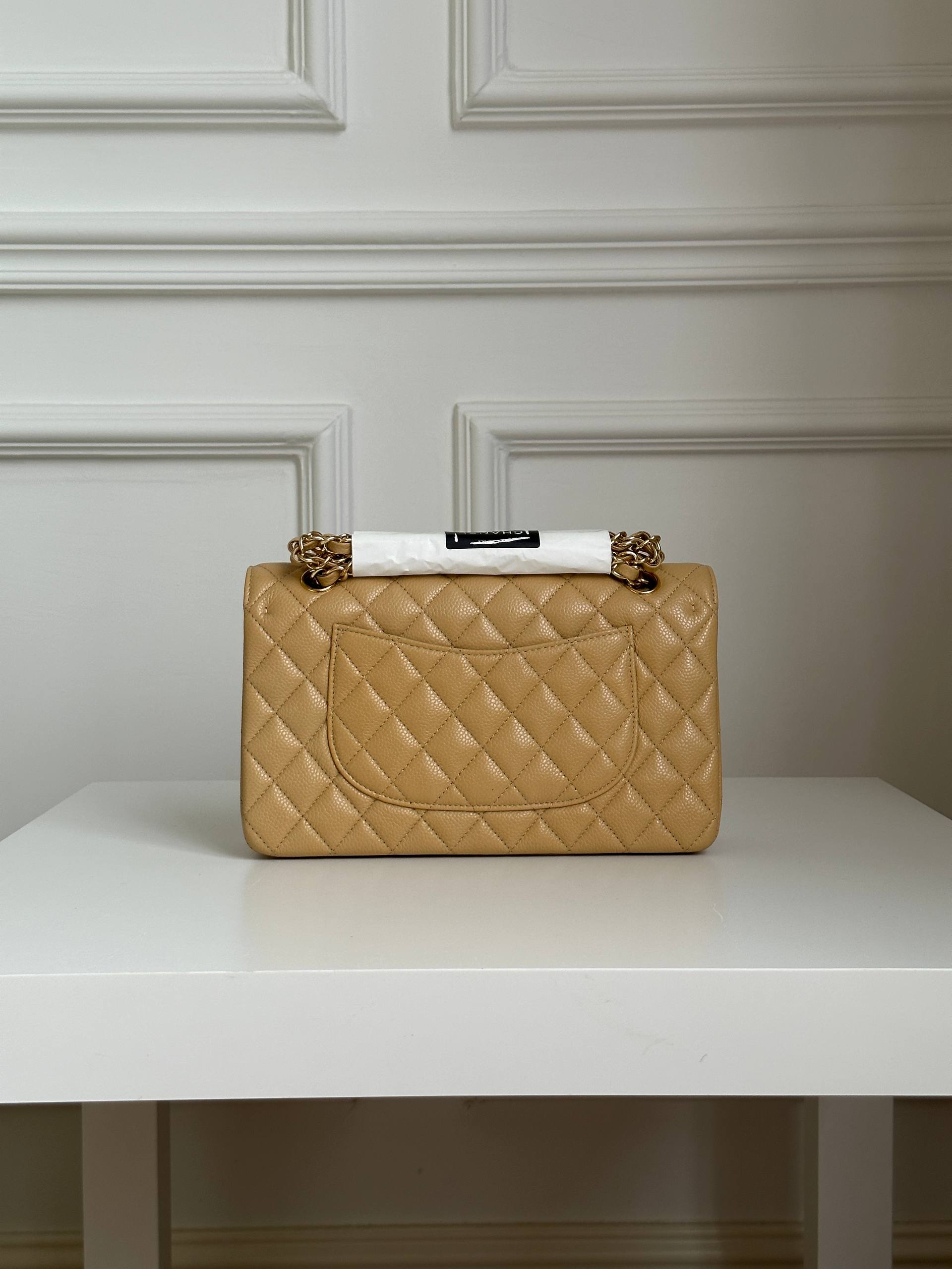 Chanel Medium Classic Flap Beige Caviar Leather Quilted Chain Bag