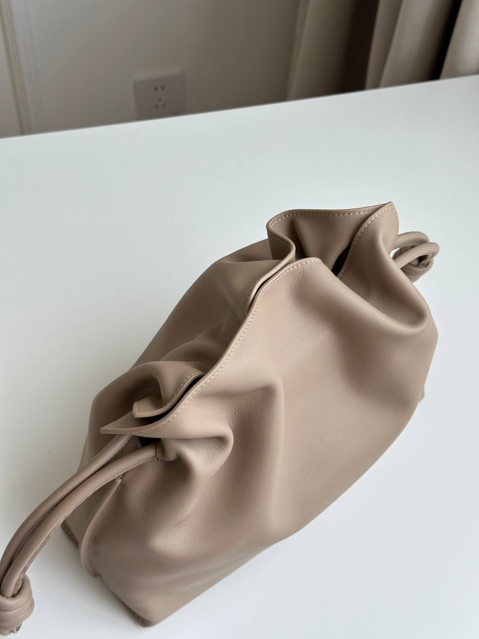 Bottega Veneta Milk Tea Smooth Lambskin Double Knot Drawstring Jodie Cloud Bag