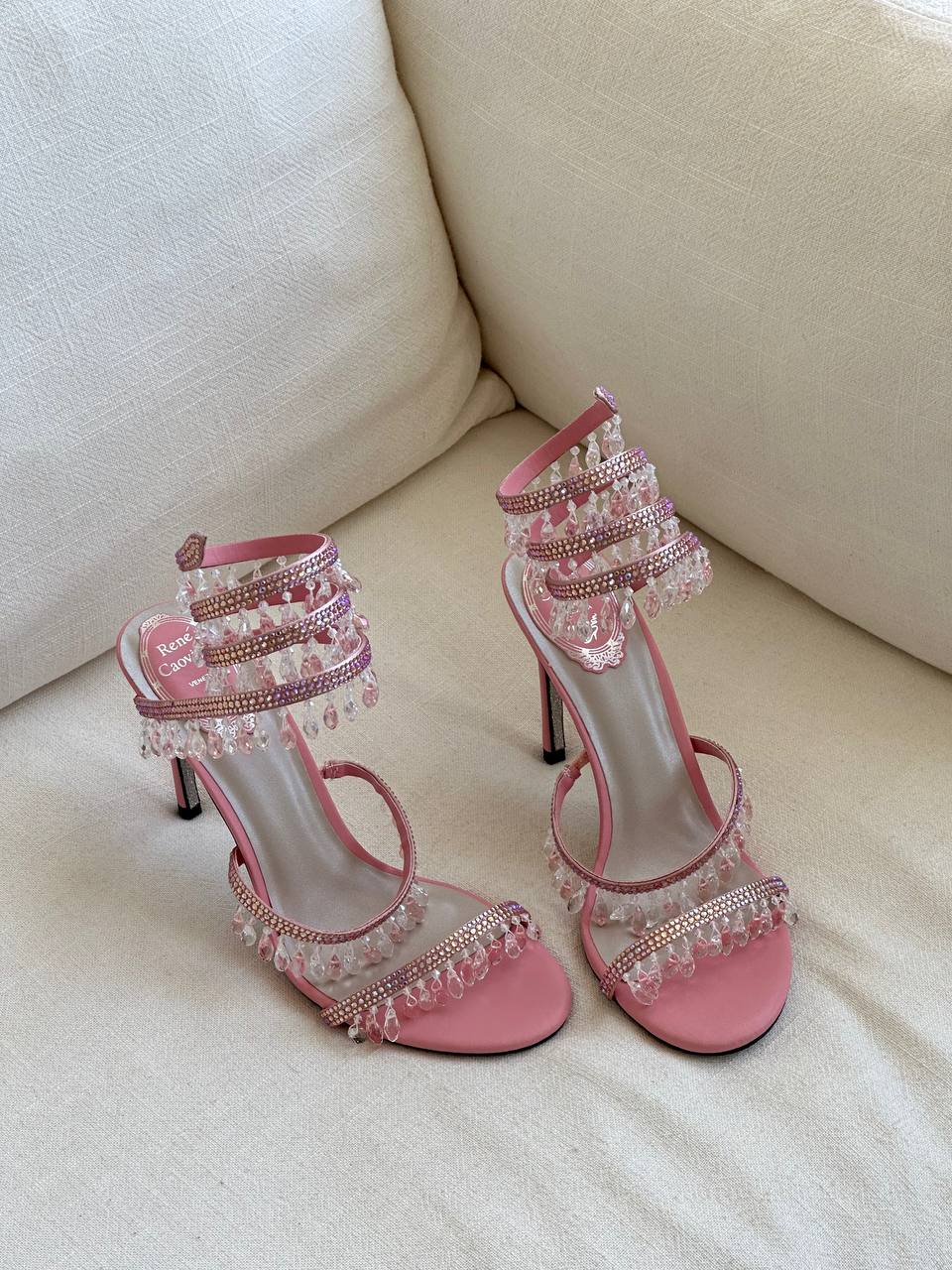 René Caovilla Pink Satin Multi-Layer Crystal Fringe Ankle Wrap Stiletto Sandals