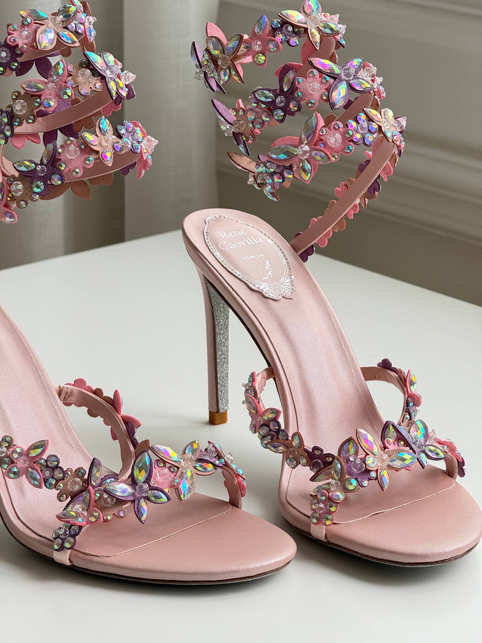 Rene Caovilla Iridescent Crystal Butterfly Wrap-Around Ankle Strap High Heel Sandals