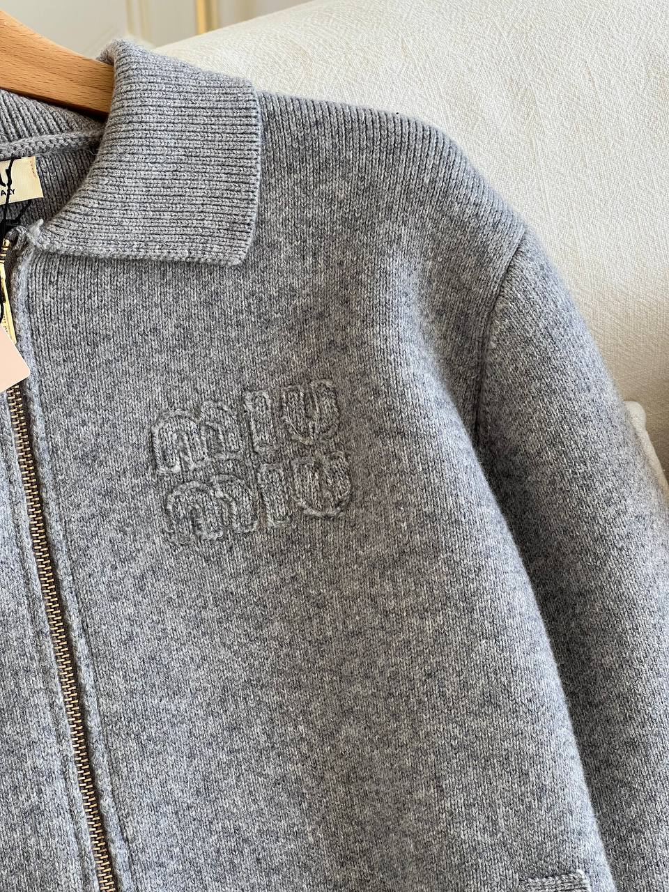 Miu Miu Grey Wool Polo Collar Zip Knit Cardigan Jacket