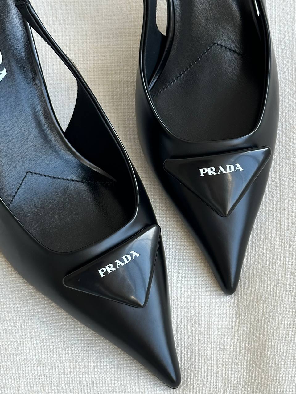Prada Black Brushed Leather Pointed-Toe Triangle Logo Slingback Heels