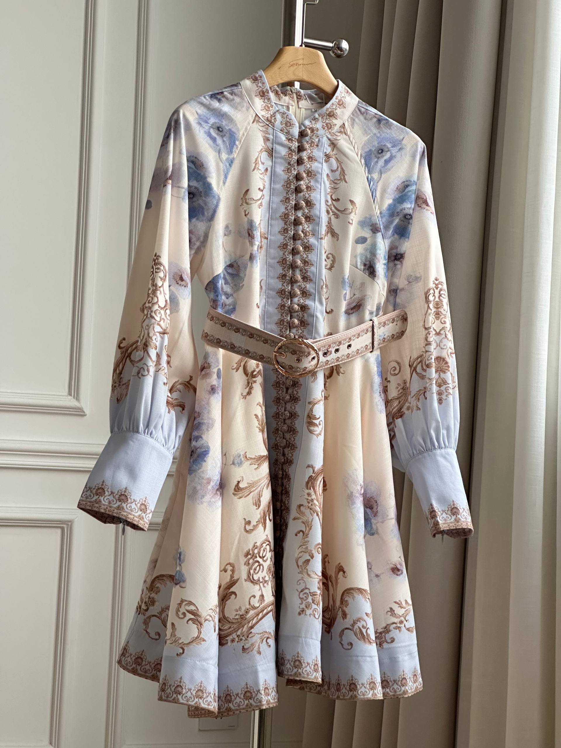 Stand Collar Frog Buttons Vintage Baroque Print Belted Lantern Sleeve Mini Dress