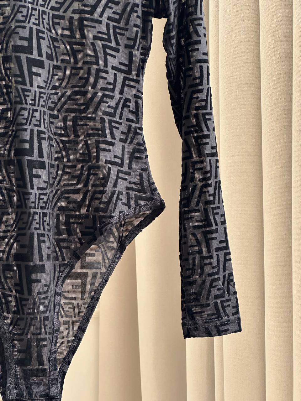 Fendi FF Logo Flocked Mesh Long-Sleeve Bodysuit