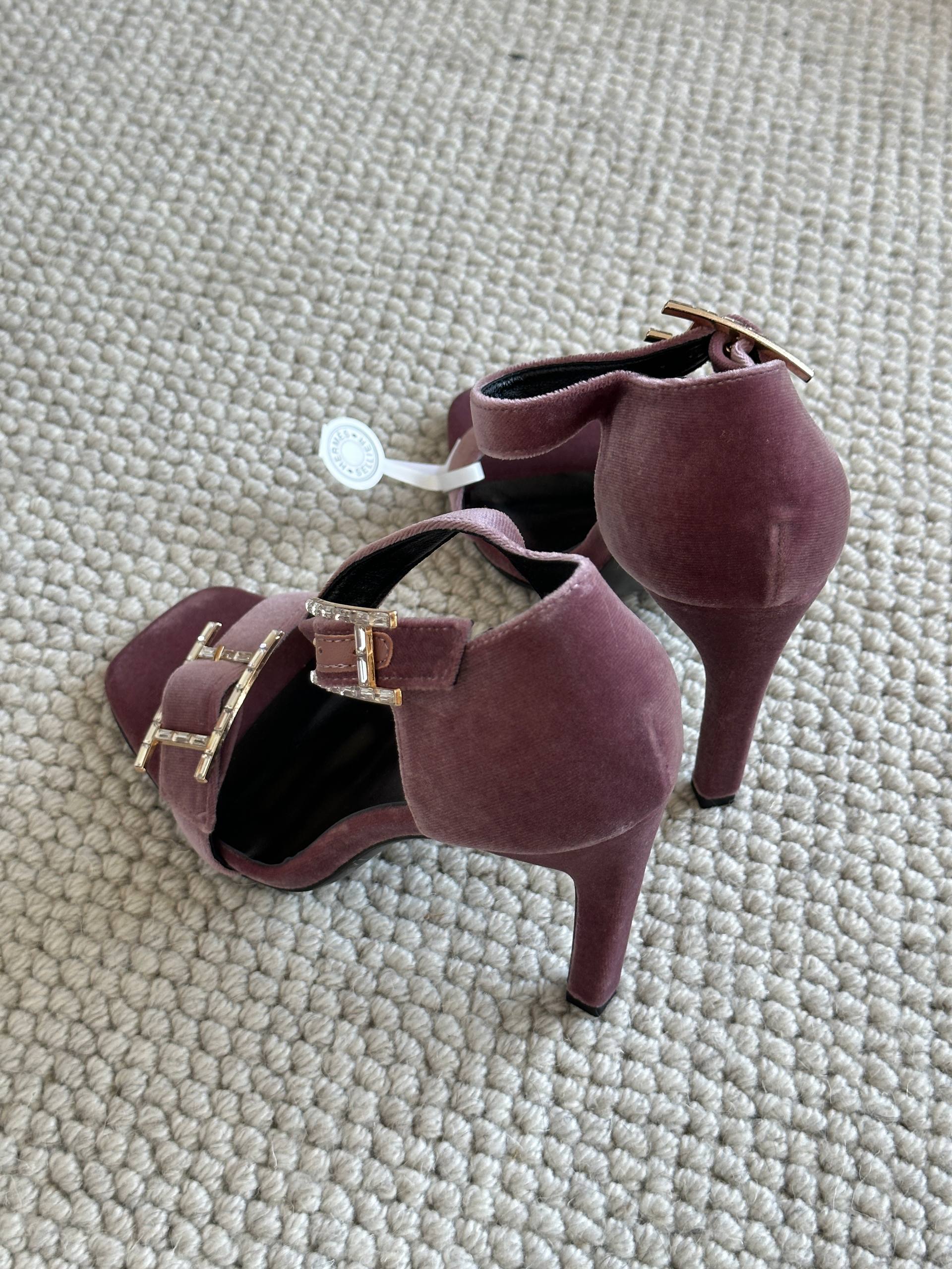 Hermès Dusty Pink Velvet Crystal H Buckle Block Heel Sandals