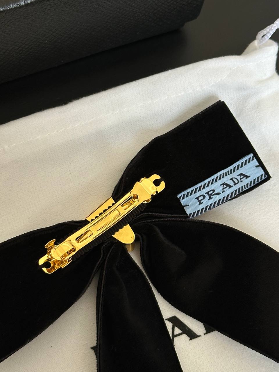 Prada Velvet Bow Hair Clip with Triangle Logo