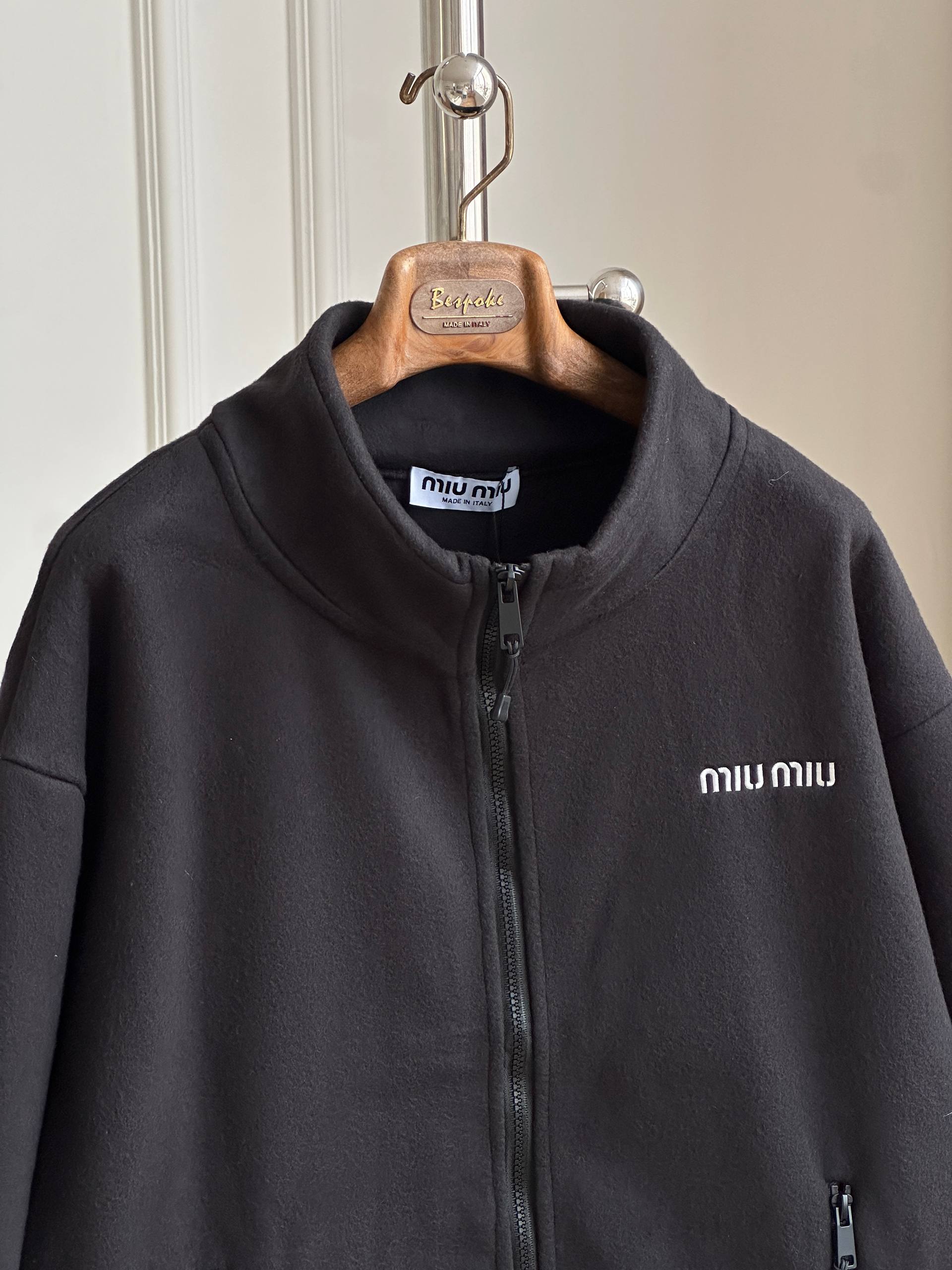 Miu Miu Black Stand Collar Fleece Zip Jacket with Front Embroidery Logo