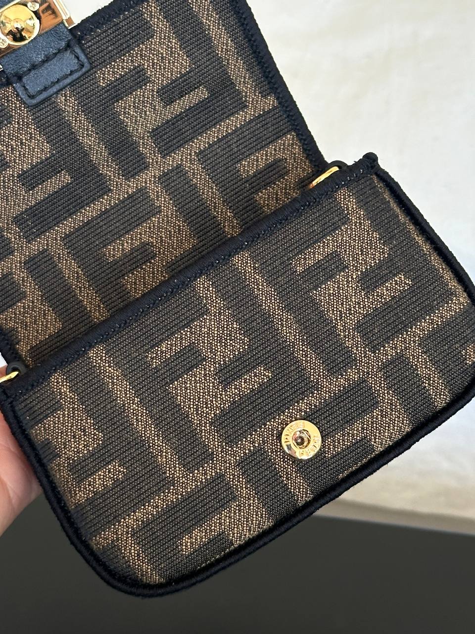 Fendi FF Zucca Canvas Mini Double F Gold Buckle Key Ring Card Coin Pouch