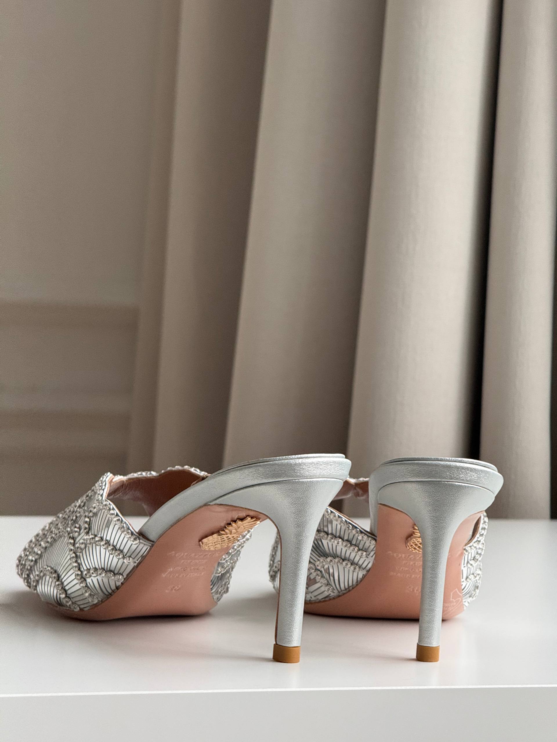 Aquazzura Lace-Embroidered Open-Toe Heeled Mules