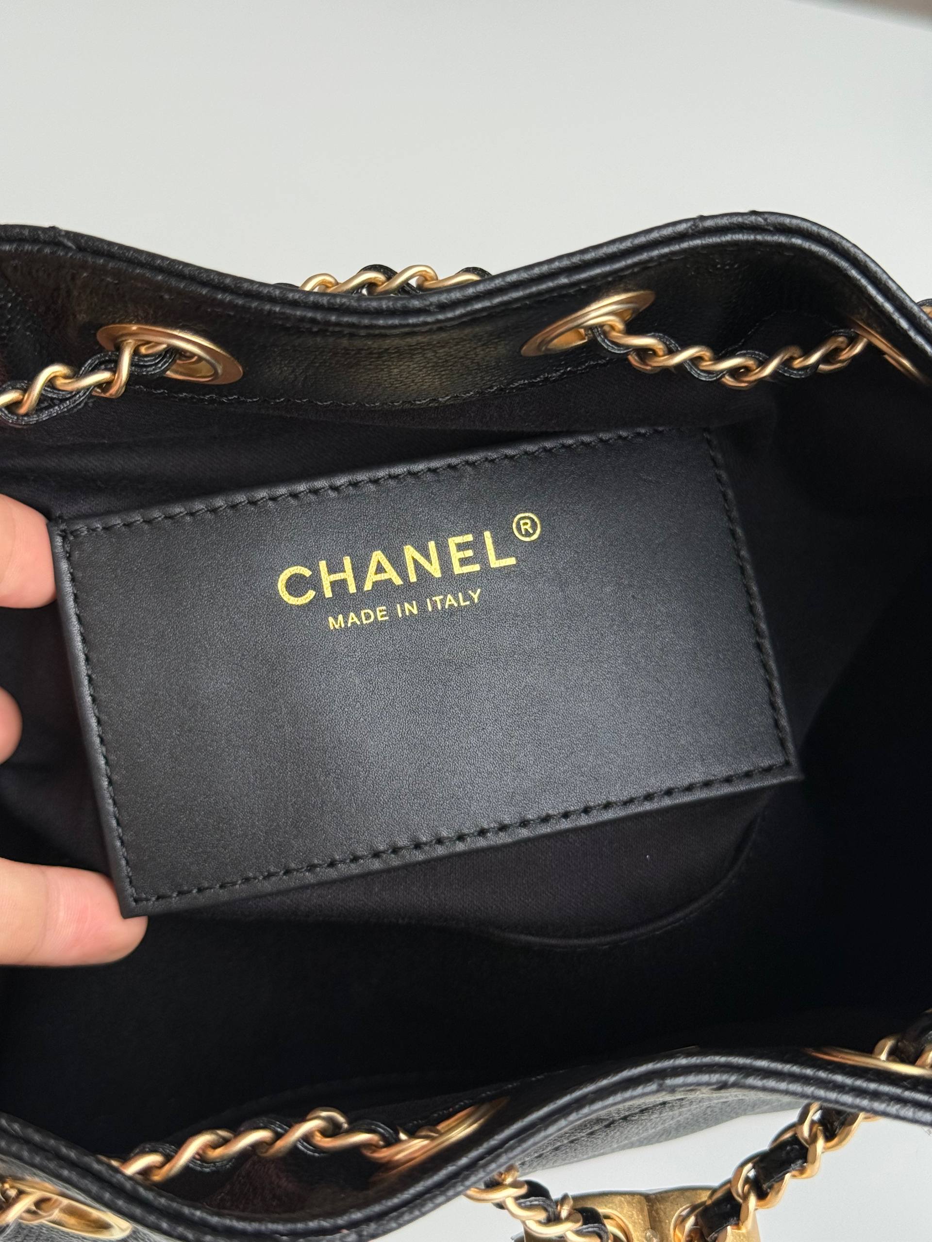 Chanel Caviar Leather Drawstring Bucket Bag with Chain Strap