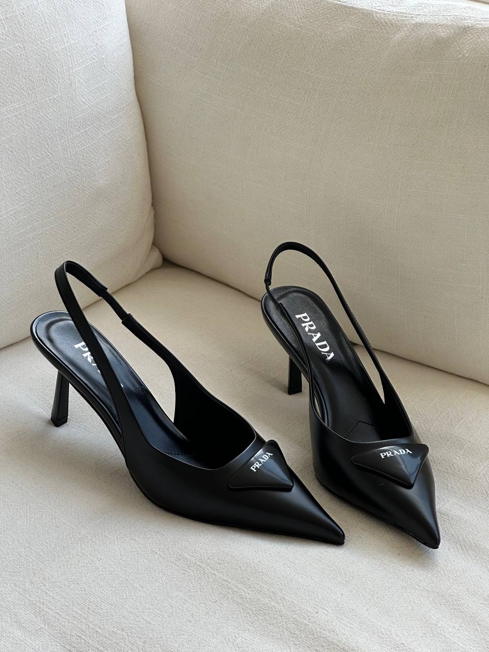 Prada Black Brushed Leather Pointed-Toe Triangle Logo Slingback Heels