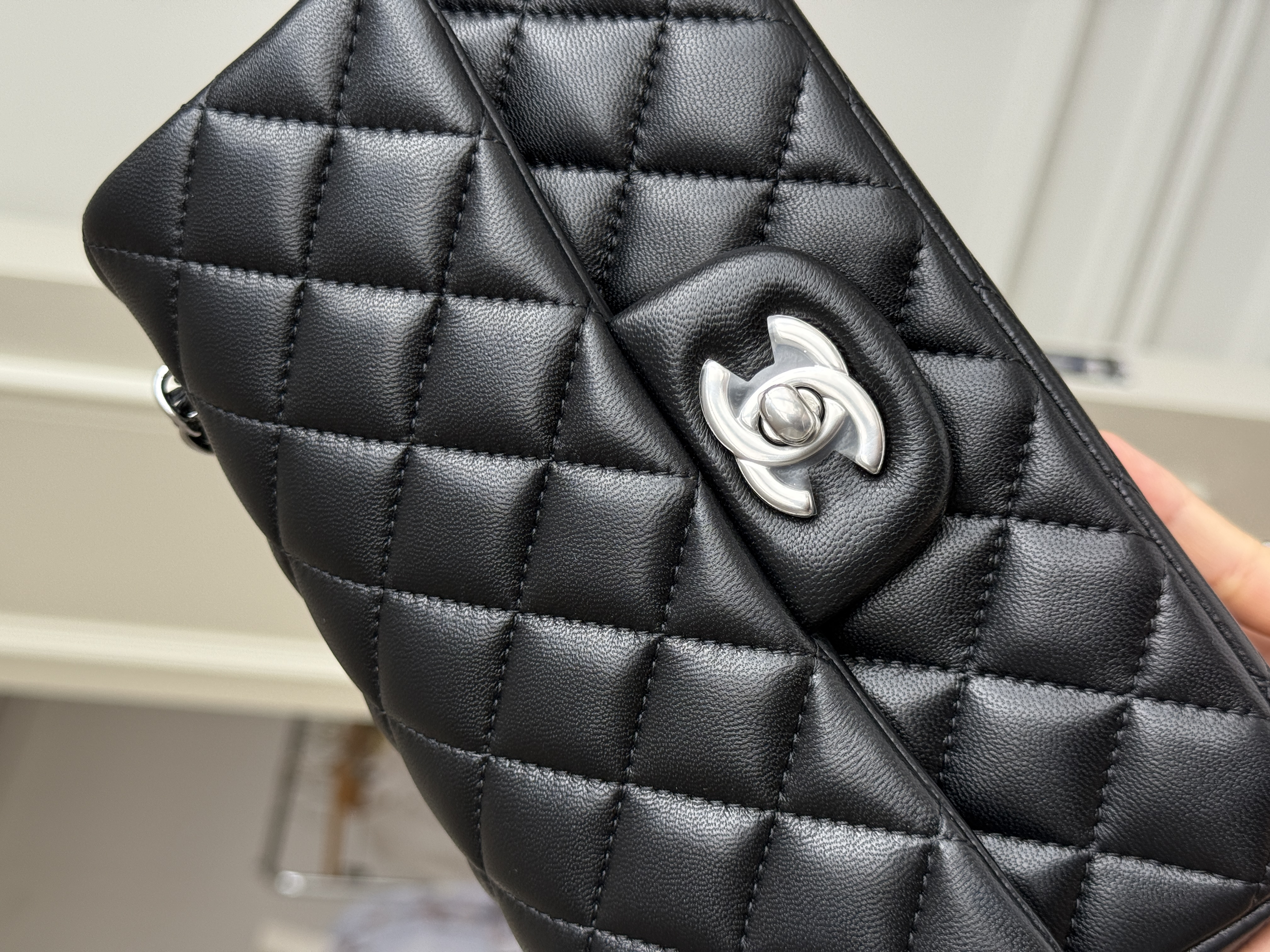 Chanel Black Caviar Leather Classic Flap Silver CC Chain Bag