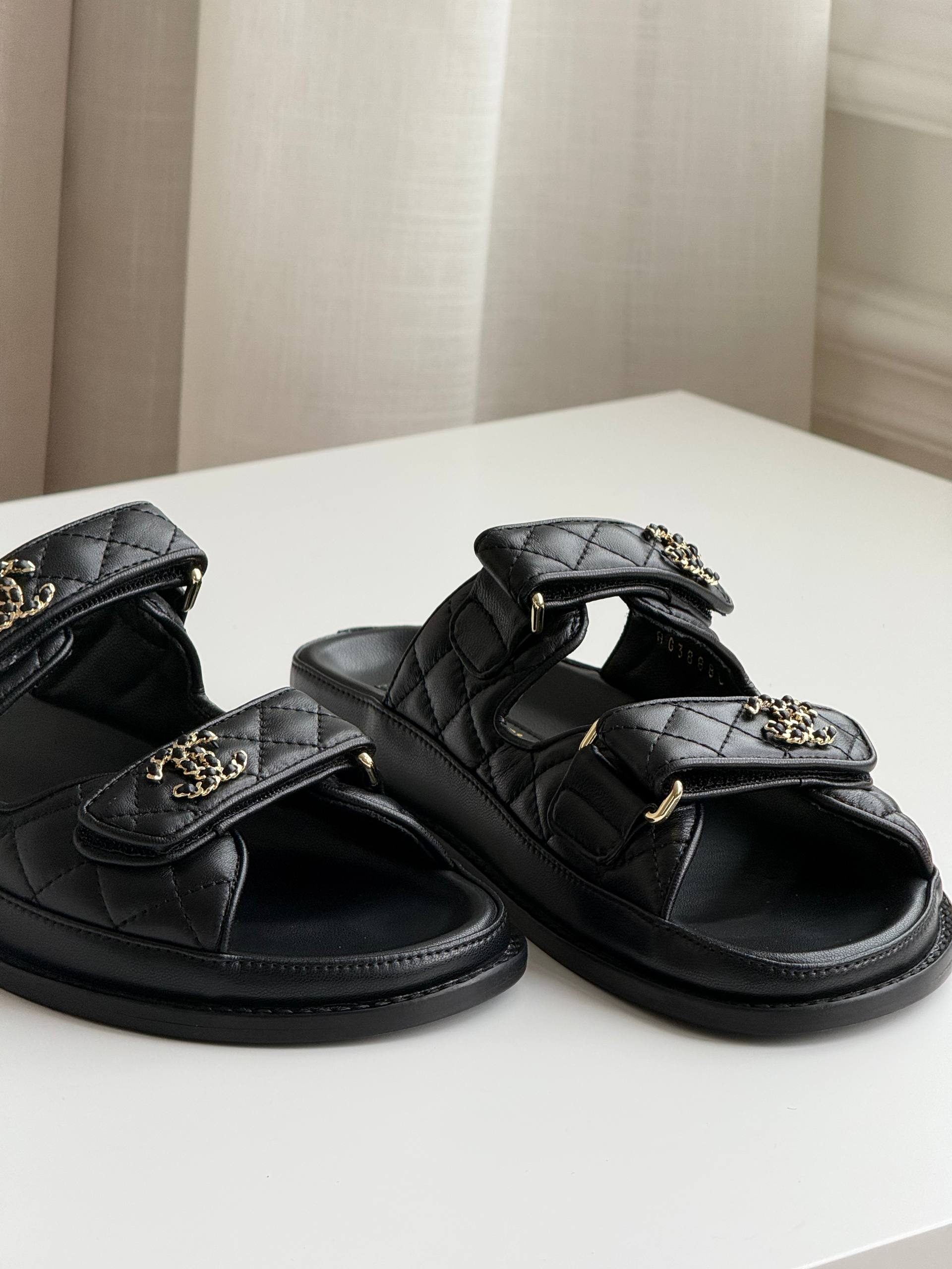 Chanel Double C Buckle Quilted Magic Strap Flat Slide Sandals