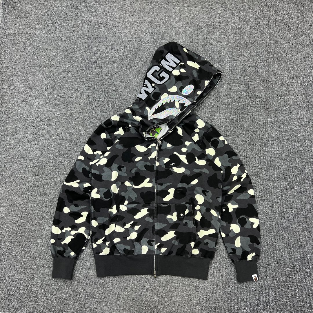 1:1 Best Quality Laser Shark Black Camo Zipper Hoodie
