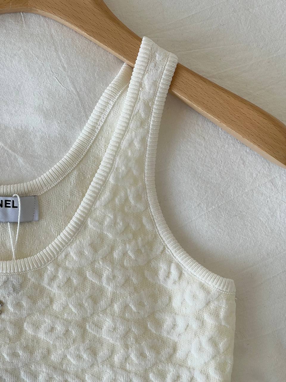 Chanel White Textured Jacquard Knit Tank Top With Crystal CC Logo