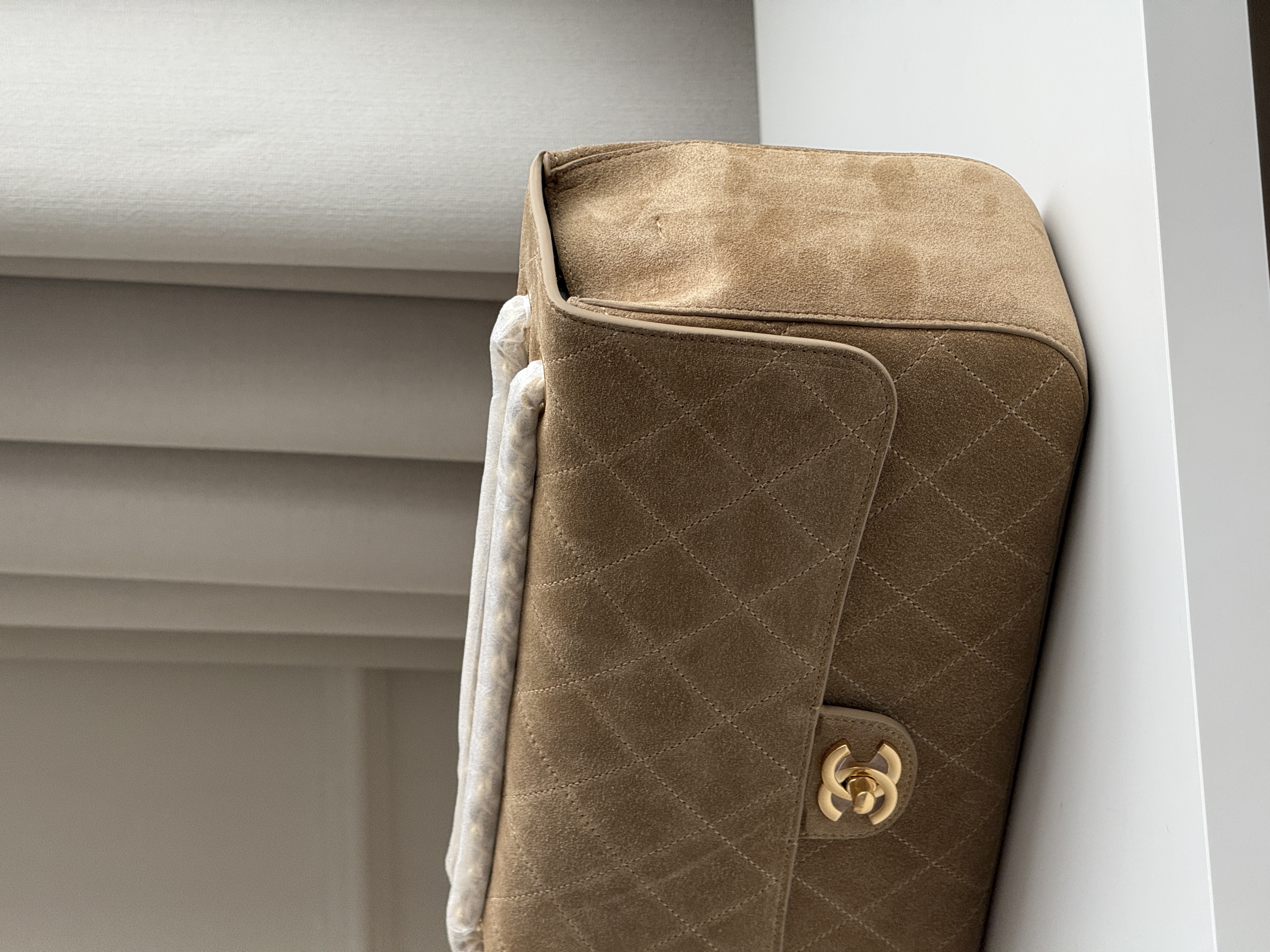 Chanel Light Camel Suede Diamond Quilted Classic Flap Baguette Shoulder Bag