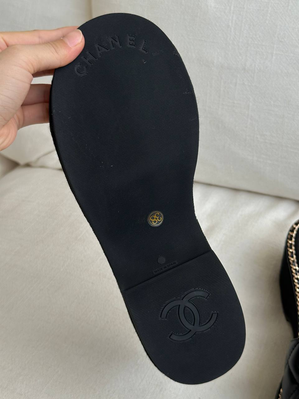 CHANEL Quilted Leather Wedge Sandals with Chain CC Logo