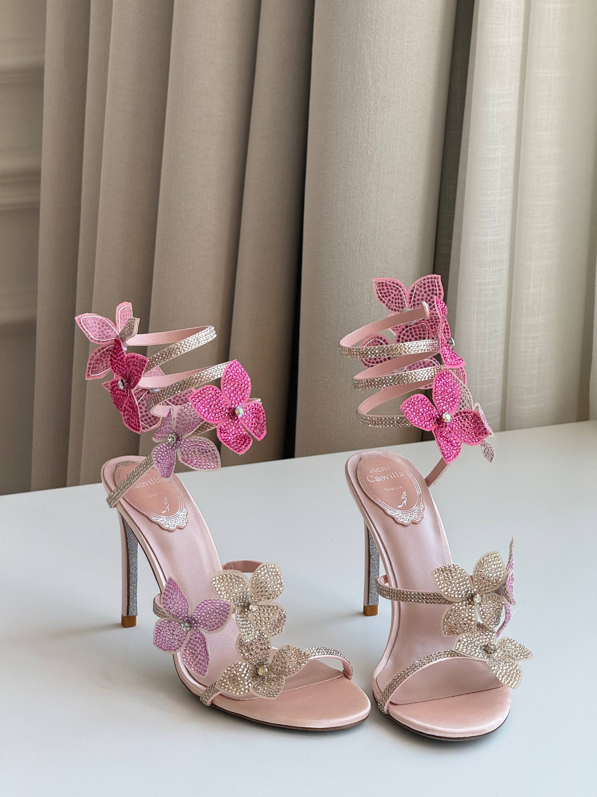 René Caovilla Floriane 105mm Crystal Flower-Embellished Satin Wrap Sandals