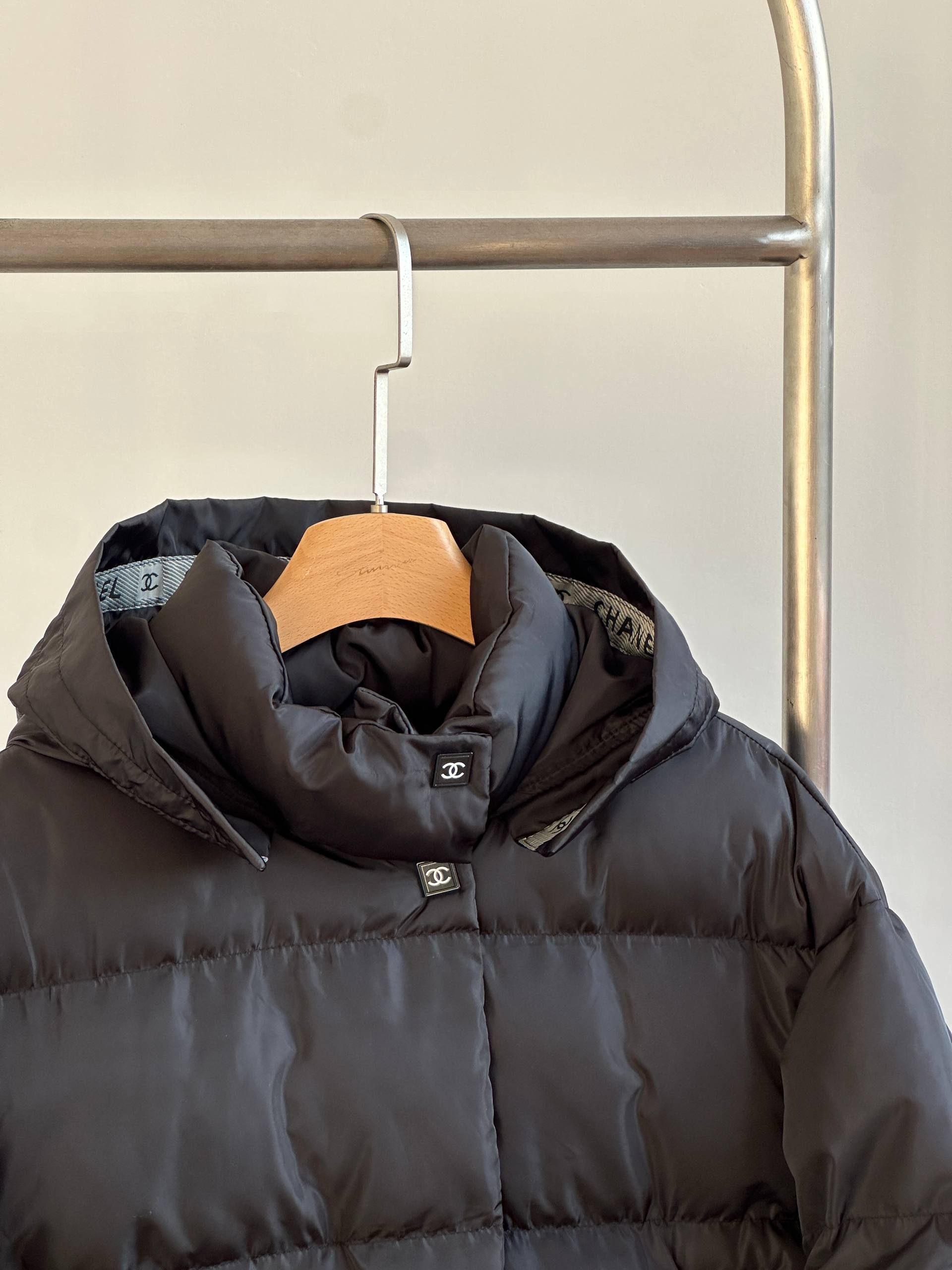 CHANEL Hooded Cropped Puffer Down Jacket with Square CC Patch & Logo Cuff Ribbons