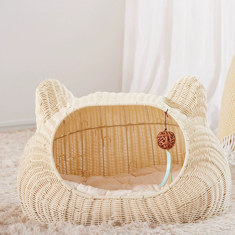 Beige Cat Ear Shaped Wicker Bed Handwoven Rattan Nest with Free Cushion for Small Dogs Cats - MAISONKAIRON