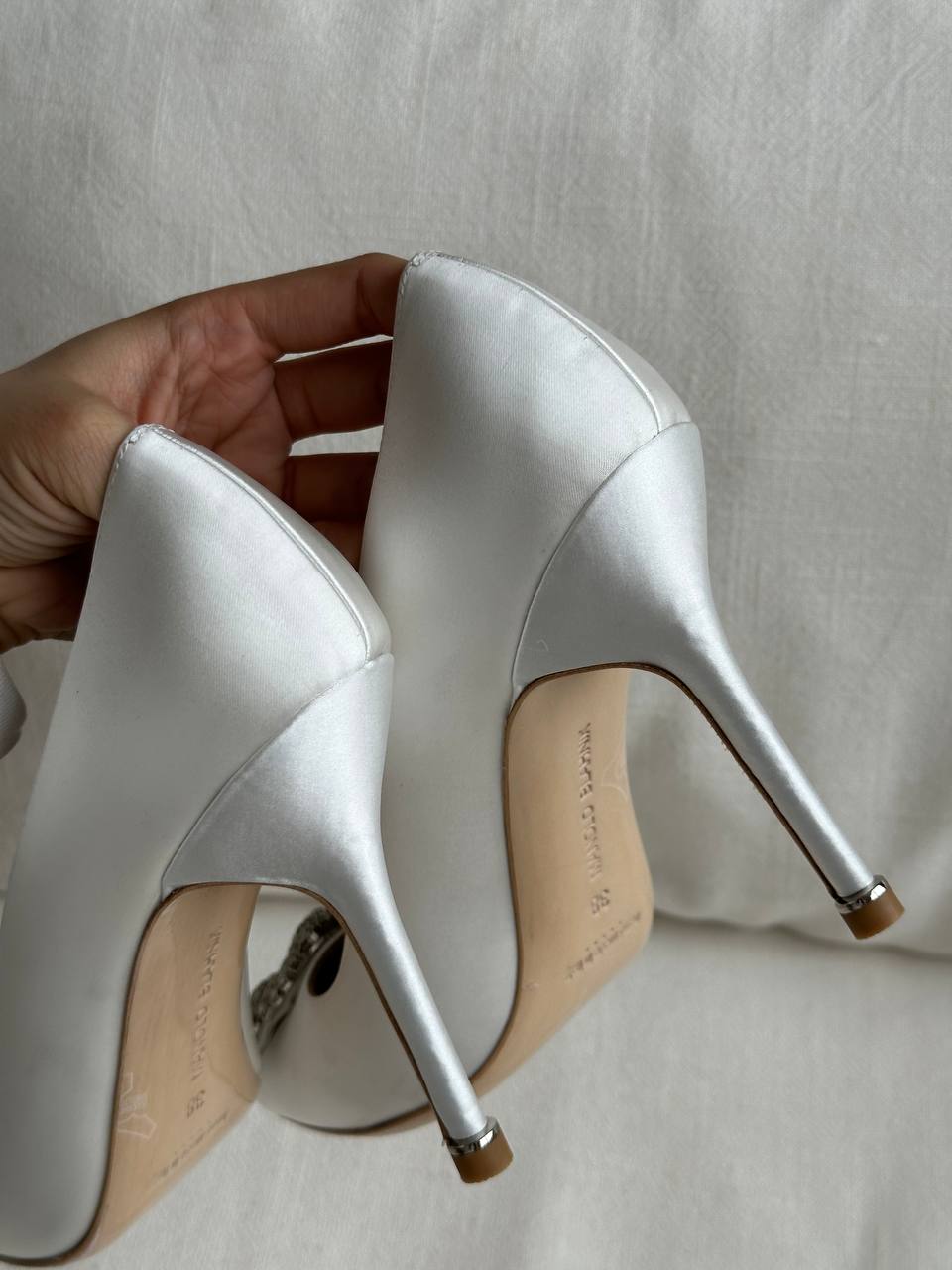 Manolo Blahnik White Satin Crystal Square Buckle Pointed Toe Stiletto Pumps