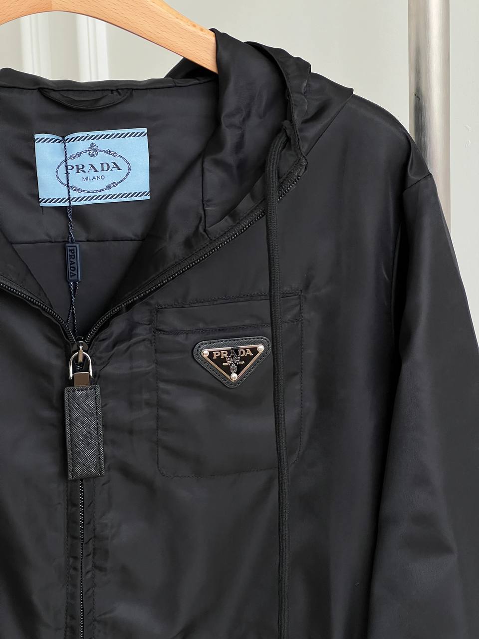 Prada Black Re-Nylon Triangle Logo Waisted Hooded Mid-length Trench Coat