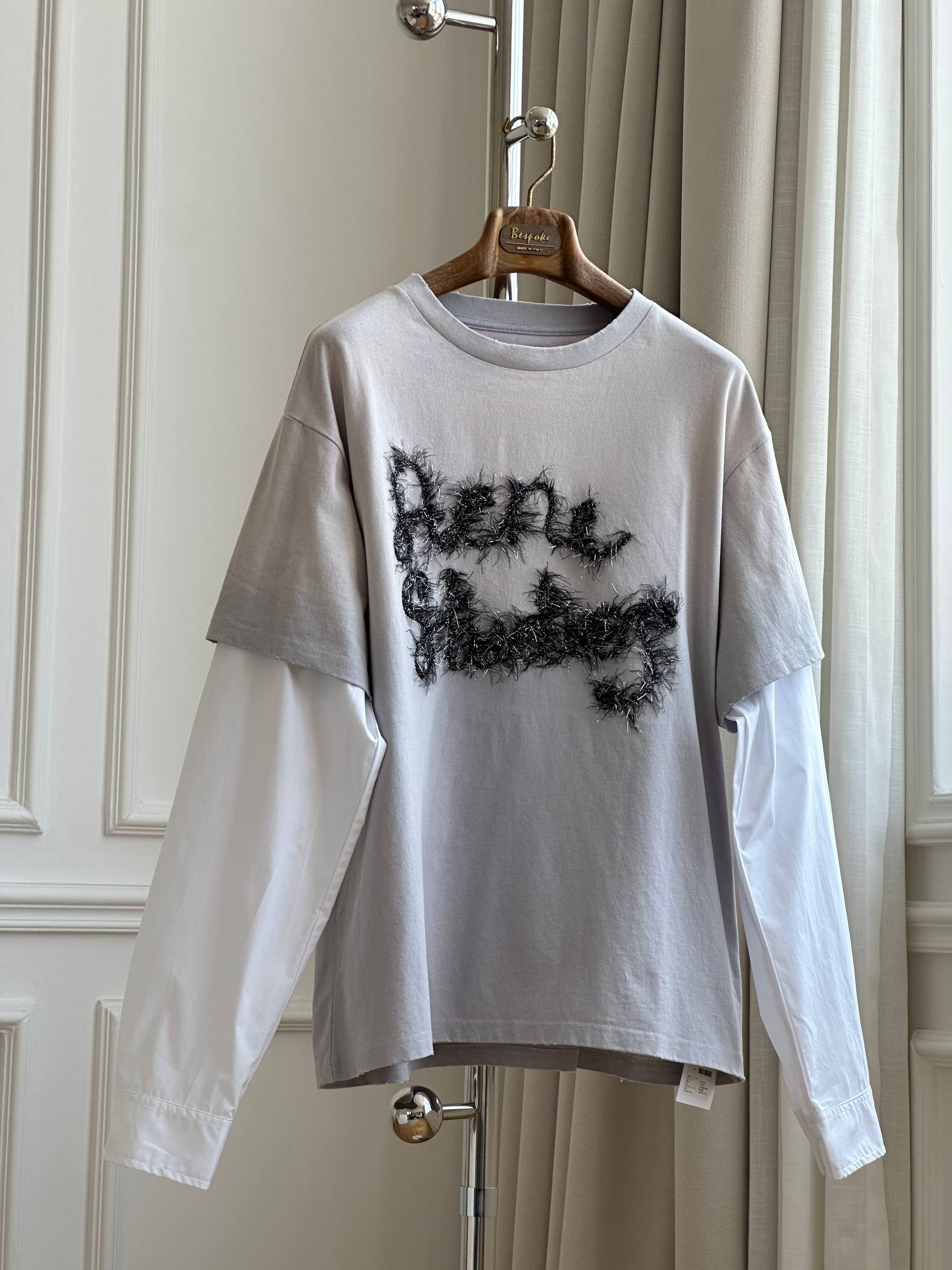 Crew Neck Furry Letter Patchwork Fake Two-Piece Long Sleeve Tee