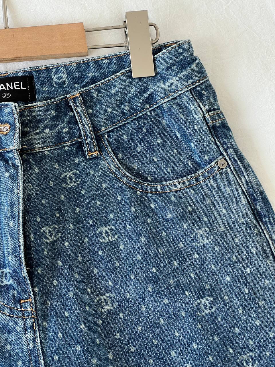 Chanel Blue Washed Denim CC Logo Printed Wide-Leg Jeans