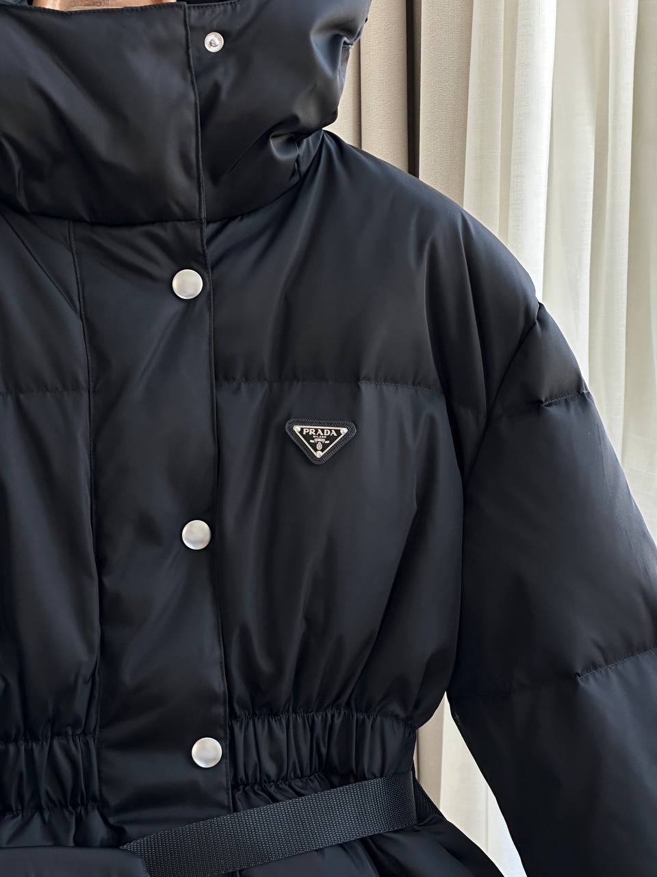 Prada Black Windproof Nylon Hooded Drawstring Waist Triangle Logo Mid-Length Down Jacket With Matching Waist Bag