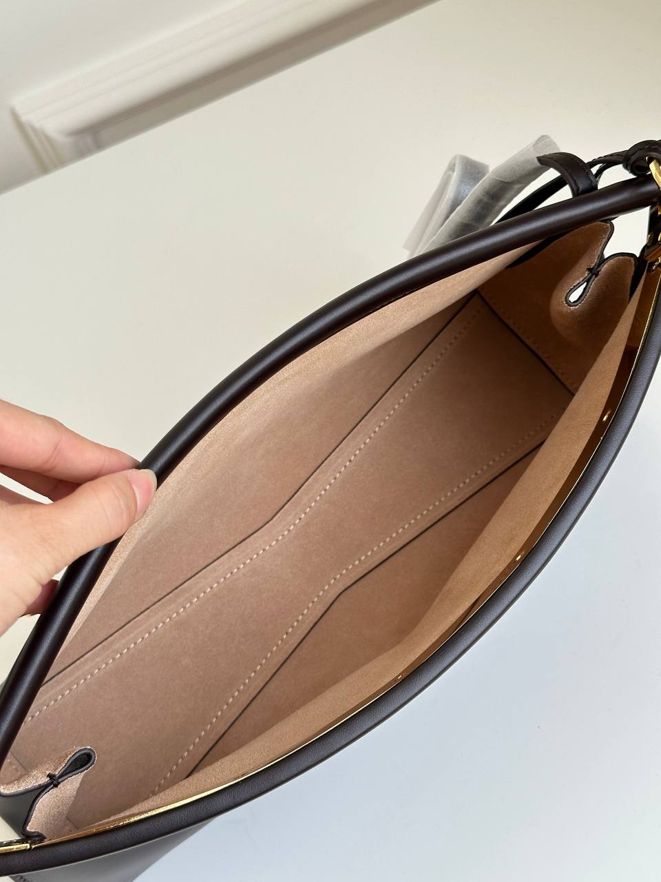 ALAÏA Dark Brown Smooth Calfskin Ruched Long Shoulder Bag, Detachable Strap Compatible