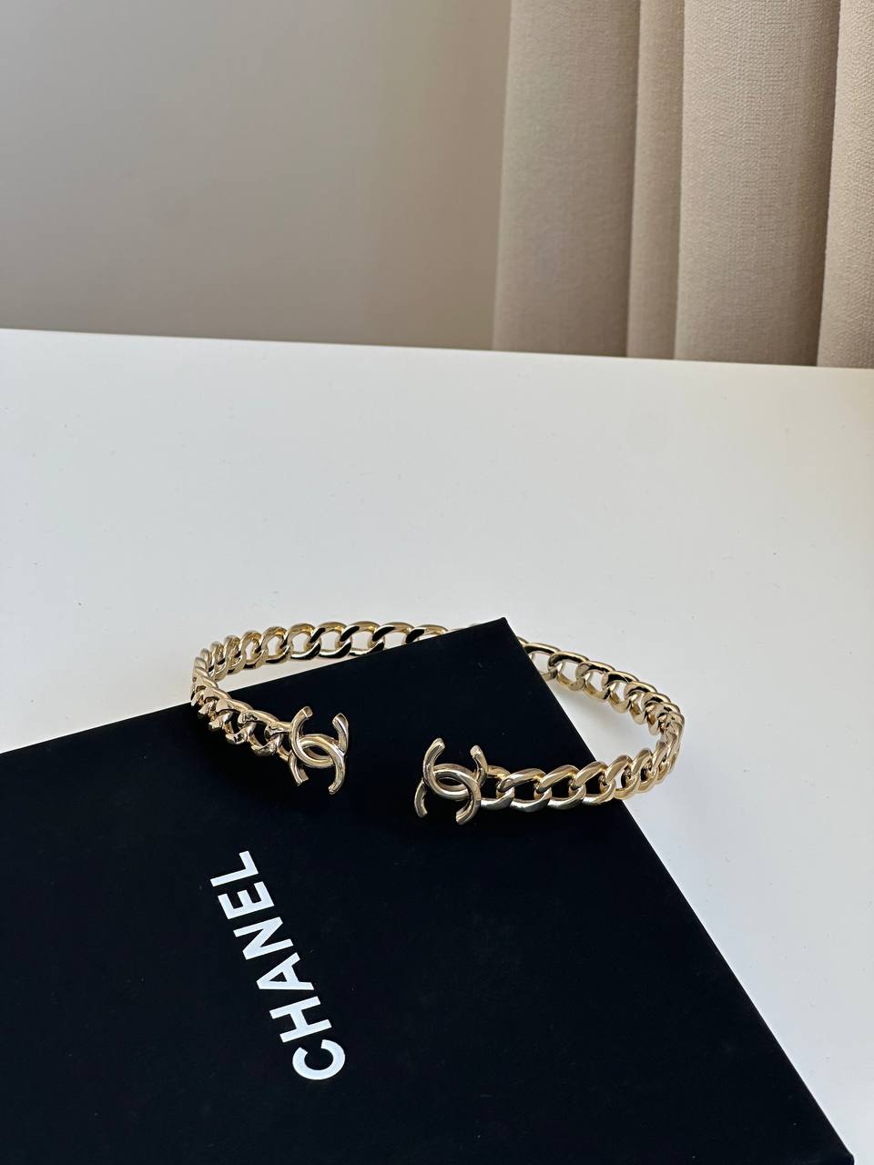 Chanel Light Gold Cuban Chain Open Cuff Bracelet With Interlocking CC Logo