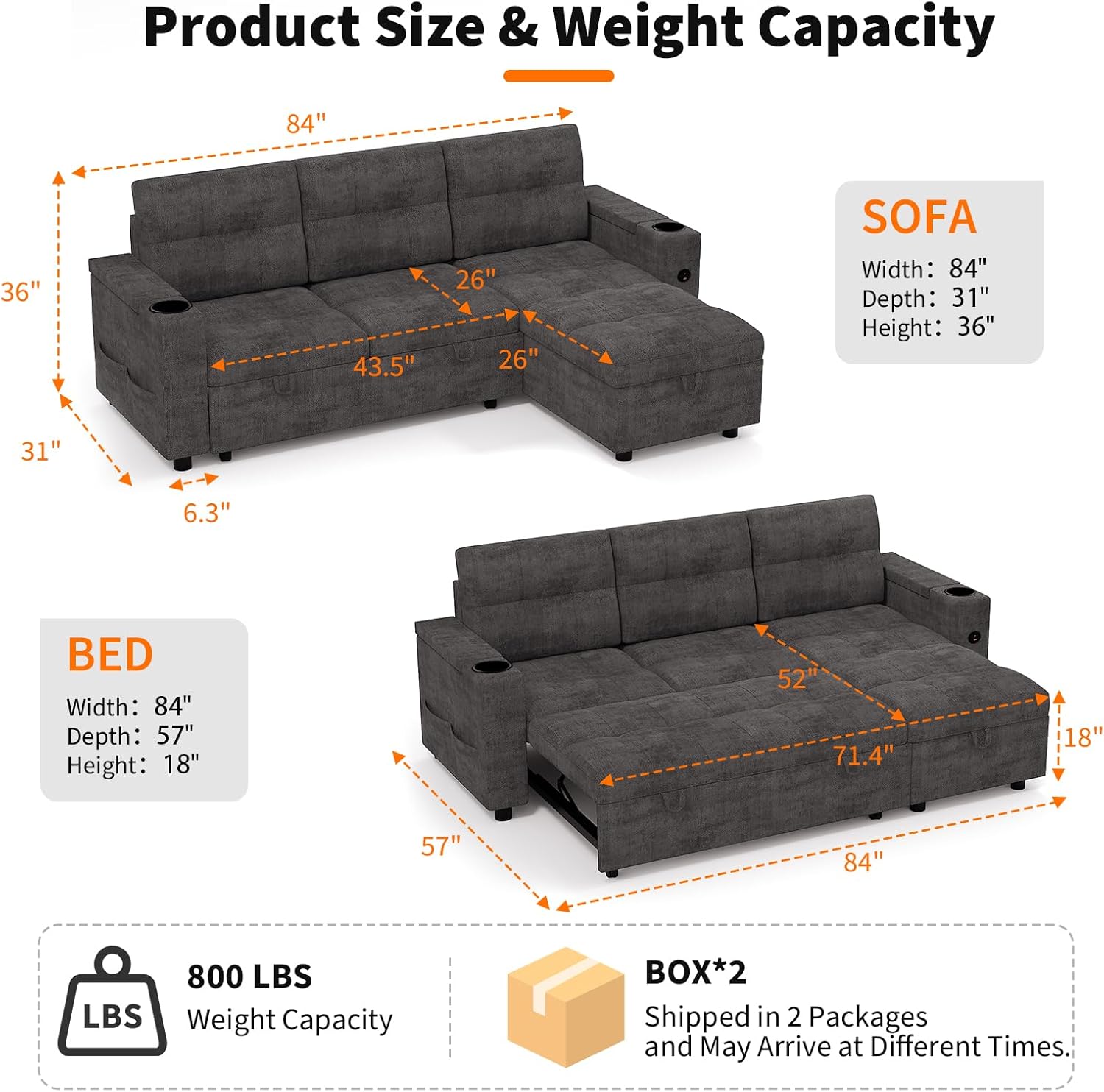 GarveeLife Couches for Living Room, 84'' L-Shaped Sectional Sleeper Sofa with Pull Out Bed, Comfortable Sofa Bed with Charging Ports and Storage Armrests, Dark Grey