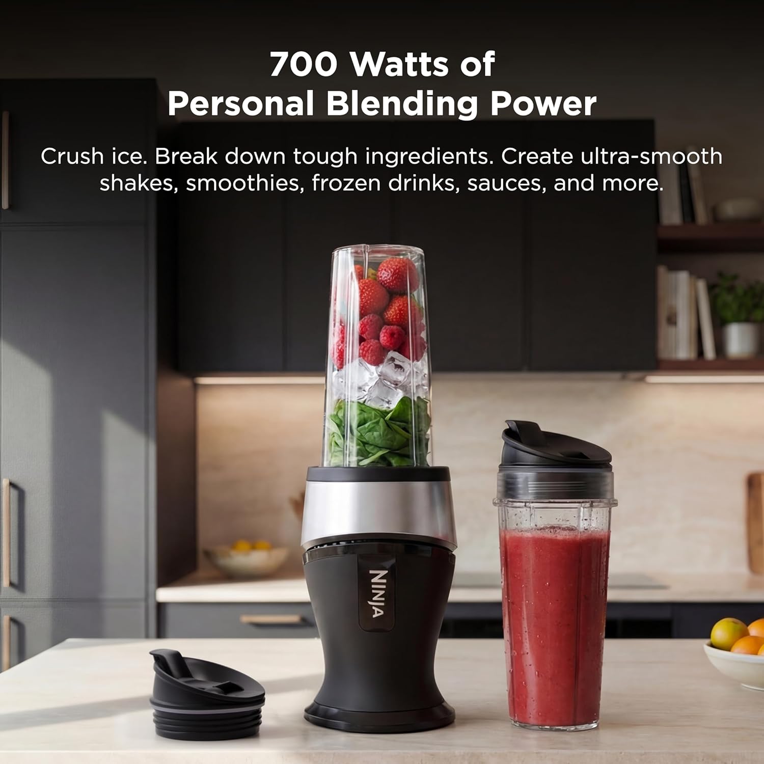 Ninja Fit Compact Personal Blender| Portable Blender for Smoothies, Shakes, and Frozen Blending| Includes (2) 16-ozTo-Go Cups and Spout Lids| 700 Watts| Black| QB3001SS