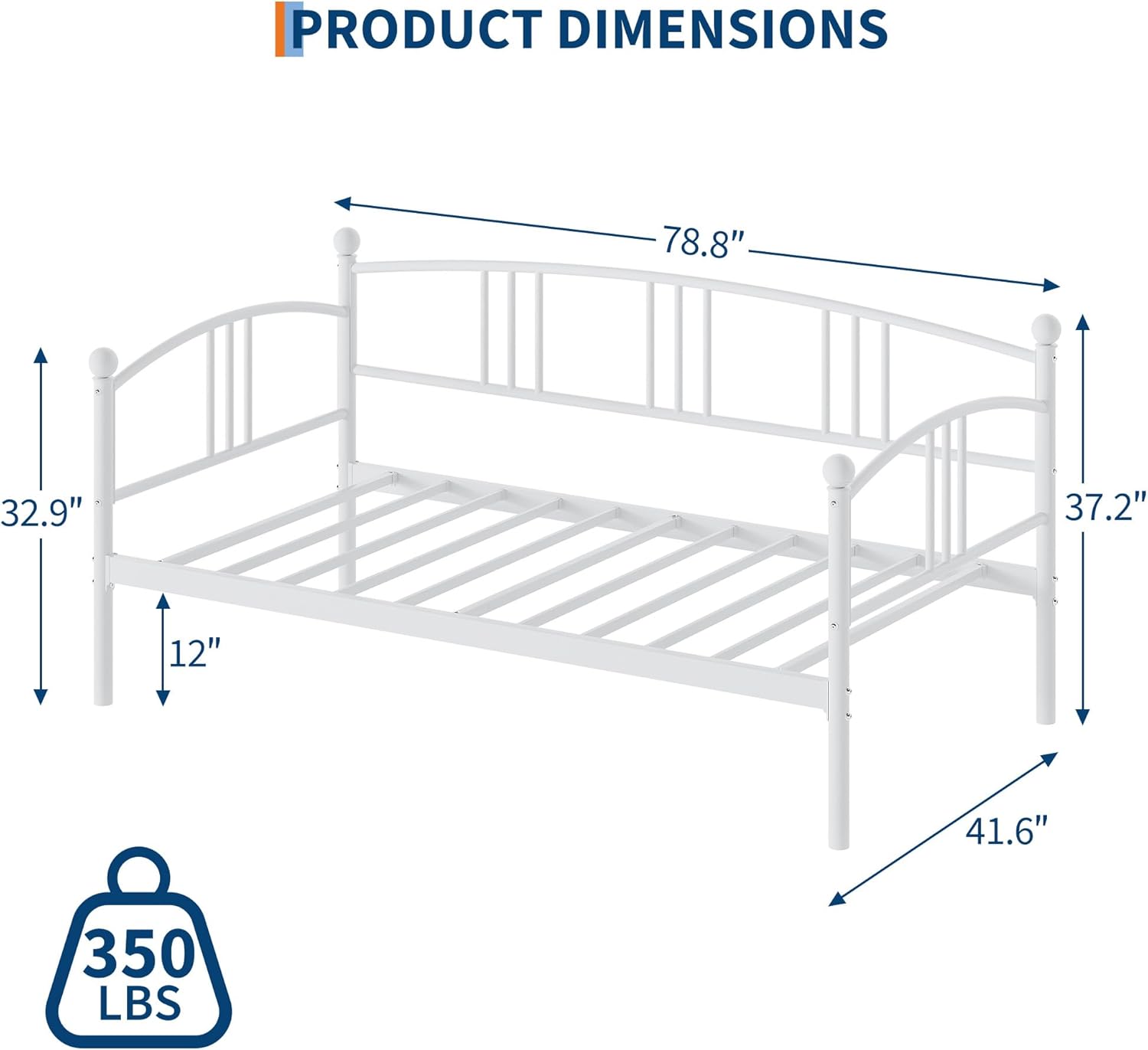 IDEALHOUSE Twin Daybed Without Trundle, Metal Twin Size Daybed, Steel Slat Support Sofa Bed for Living Room, Bedroom, Guest Room (White-Without Trundle)