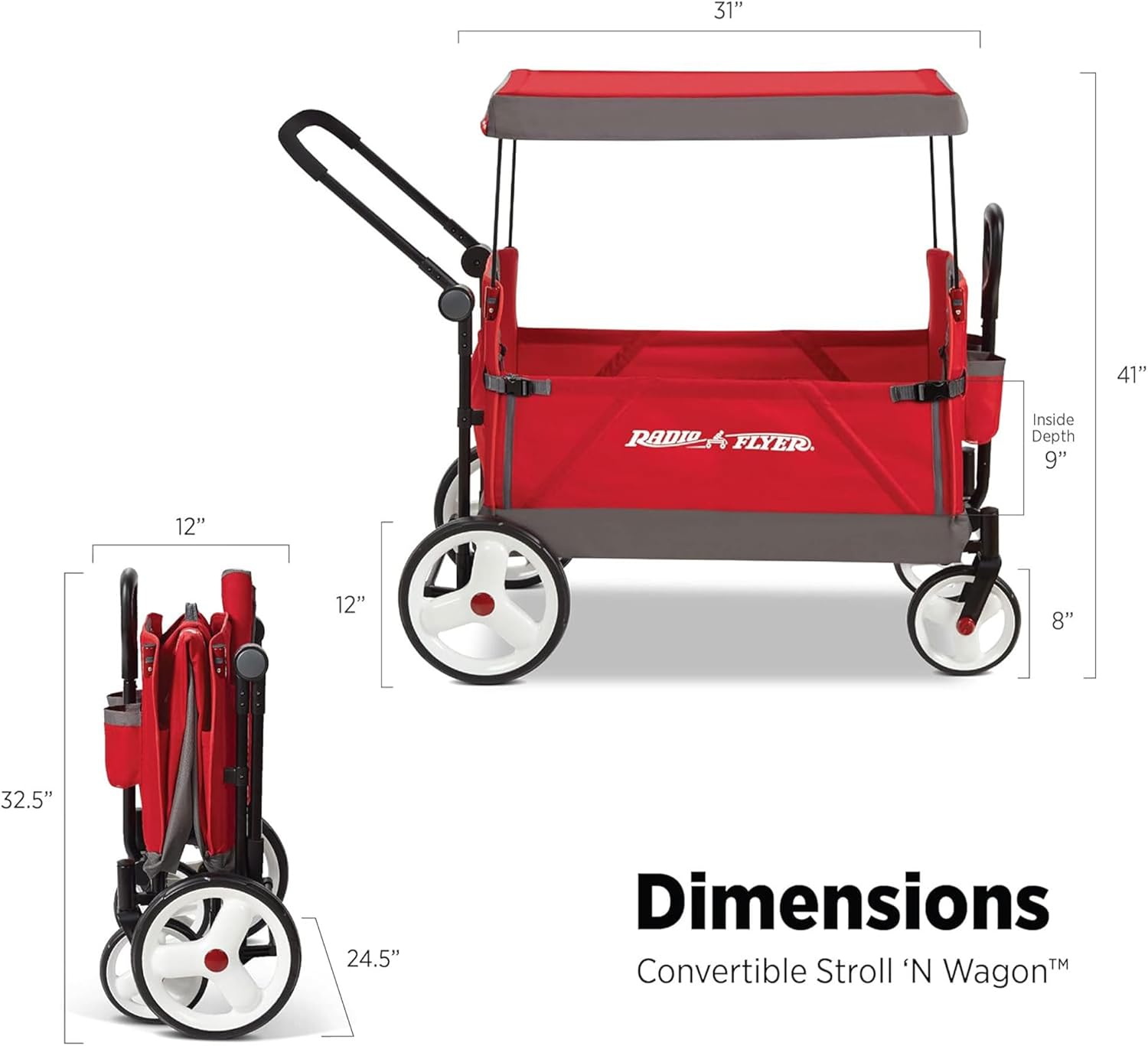 Radio Flyer Wagon for Kids, Baby Stroller, Outdoor Toys for Toddlers 1-3, Rolling Cart, Beach Cart with Wheels, Convertible Stroller Wagon for Kids Ages 1+ Years, Red