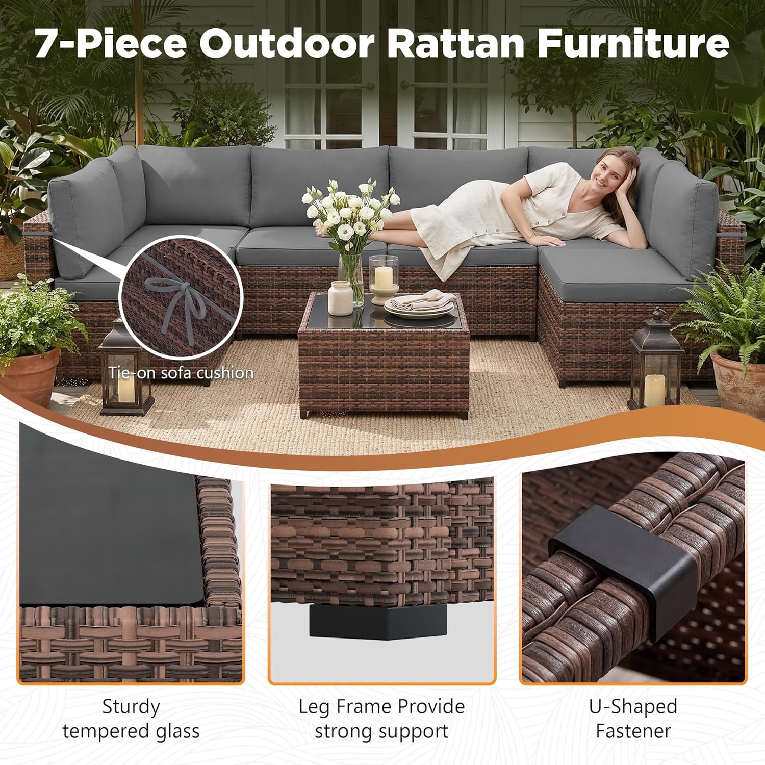 LHBcraft Patio Furniture Set with Rain Cover, 7 Pieces Outdoor Wicker Rattan Patio Furniture, Wicker Rattan Outdoor Sectional Sofa Set with Coffee Table for Garden, Poolside Taupe-Grey