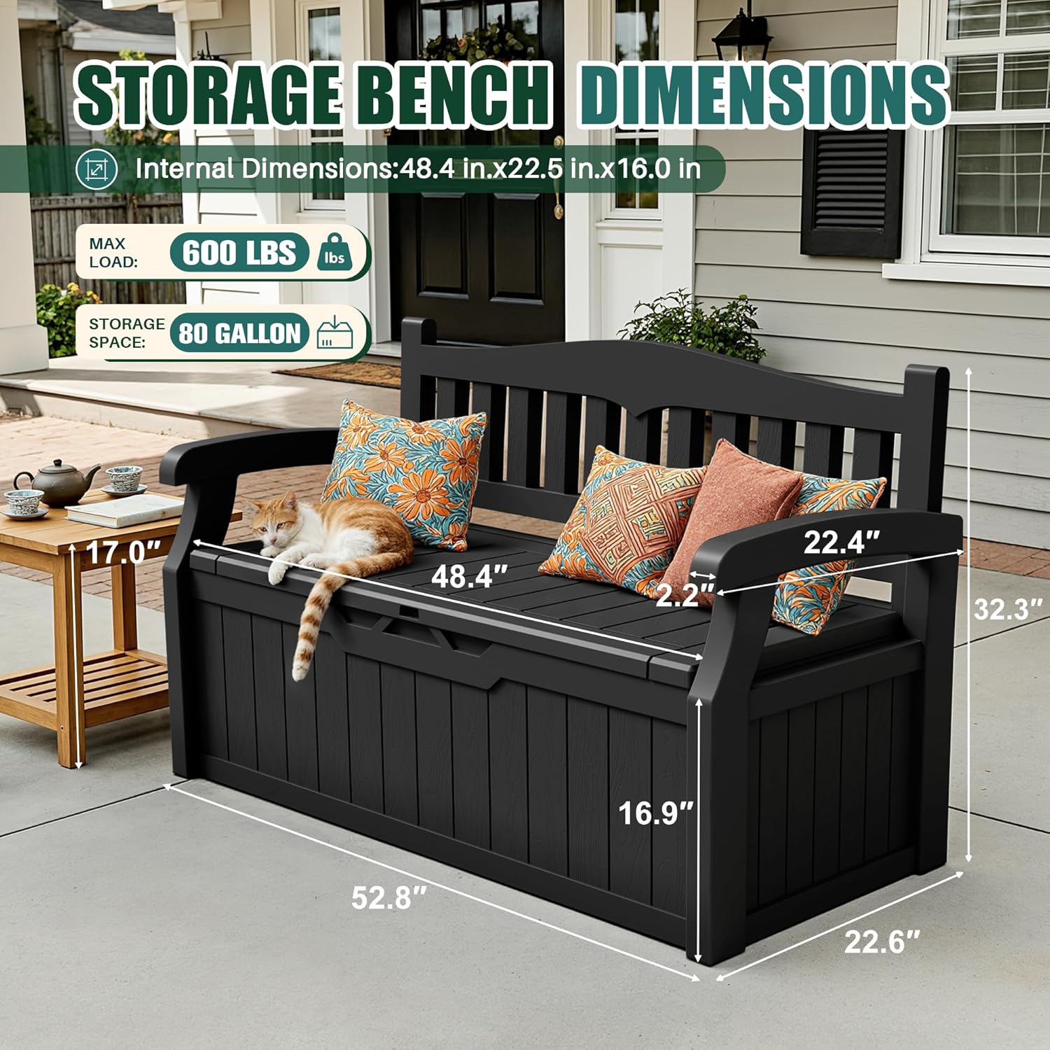 Devoko 80 Gallon Storage Bench Deck Box Lockable for Patio Furniture, Garden Decor and Outdoor Seating for Cushions, Garden Tools and Pool Supplies (Black)