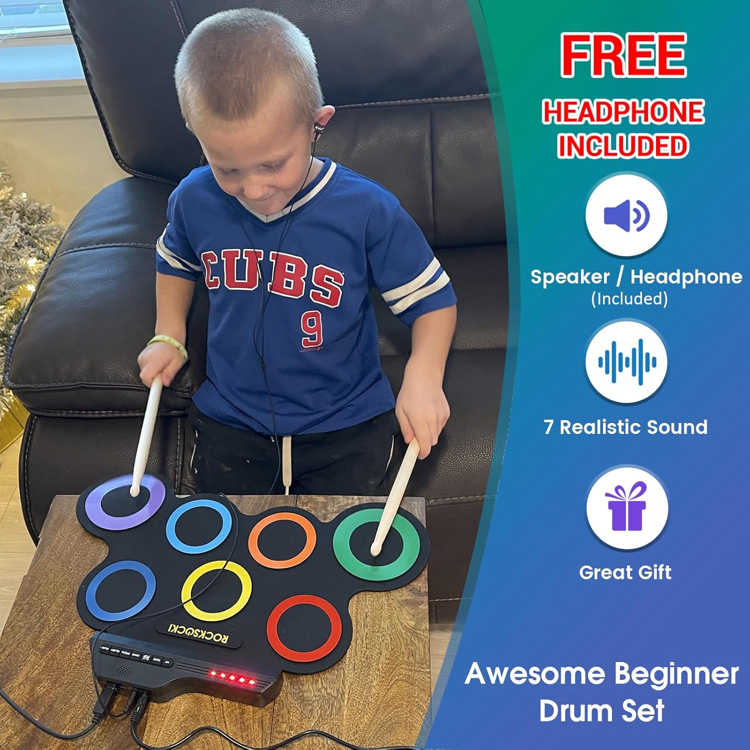 ROCKSOCKI Electric Drum Set, 7-Pad Kids Electronic Drum Set with Headphones Included, Roll-up Drum Practice Pad, Great Holiday Christmas Birthday Gift for Kids