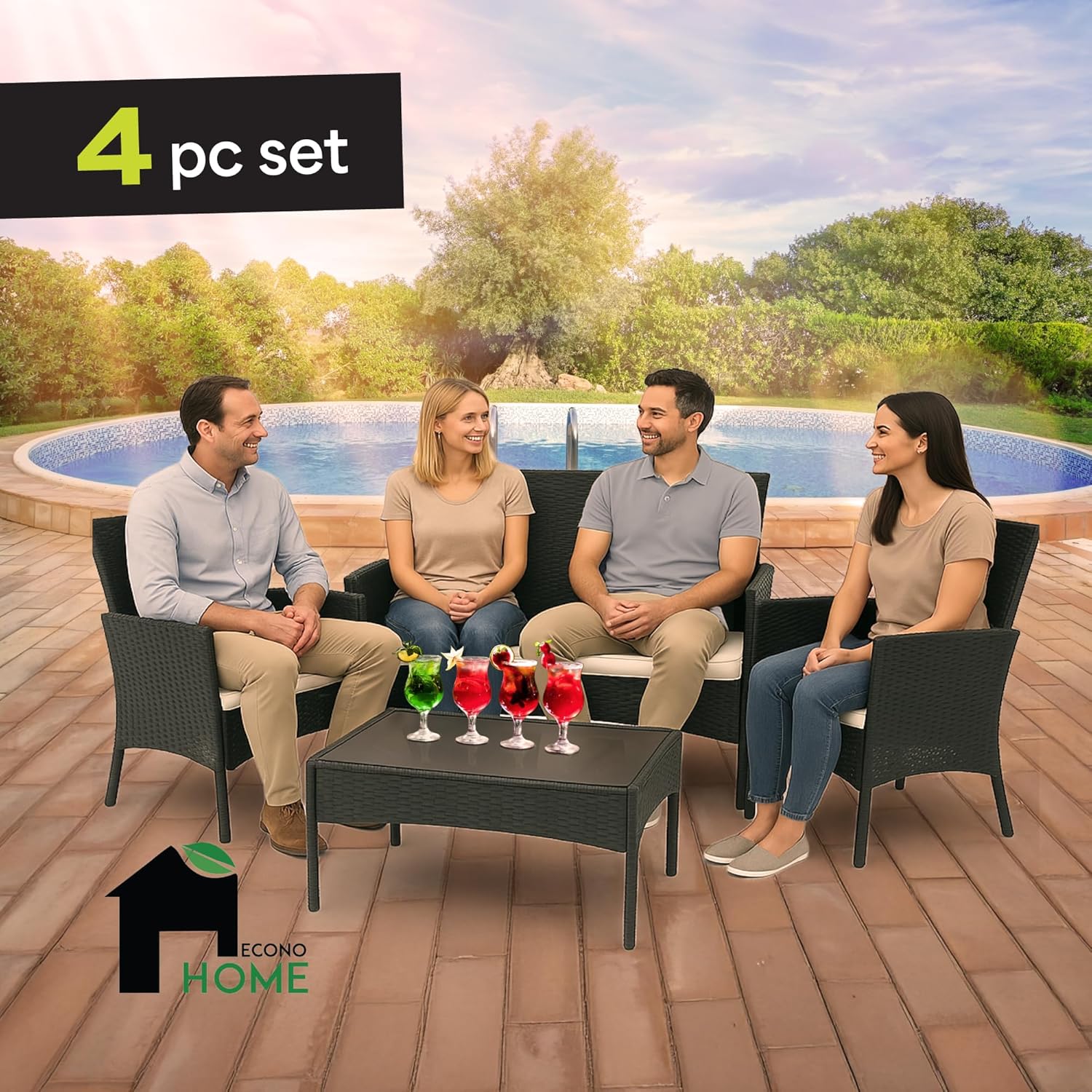 EconoHome 4-Piece Outdoor Patio Furniture Set - Patio Set with 2 Rattan Chairs, 1 Loveseat & 1 Glass-Top Coffee Table - Weather-Resistant Wicker with Cushions - Conversation Set for Porch, Balcony, Lawn