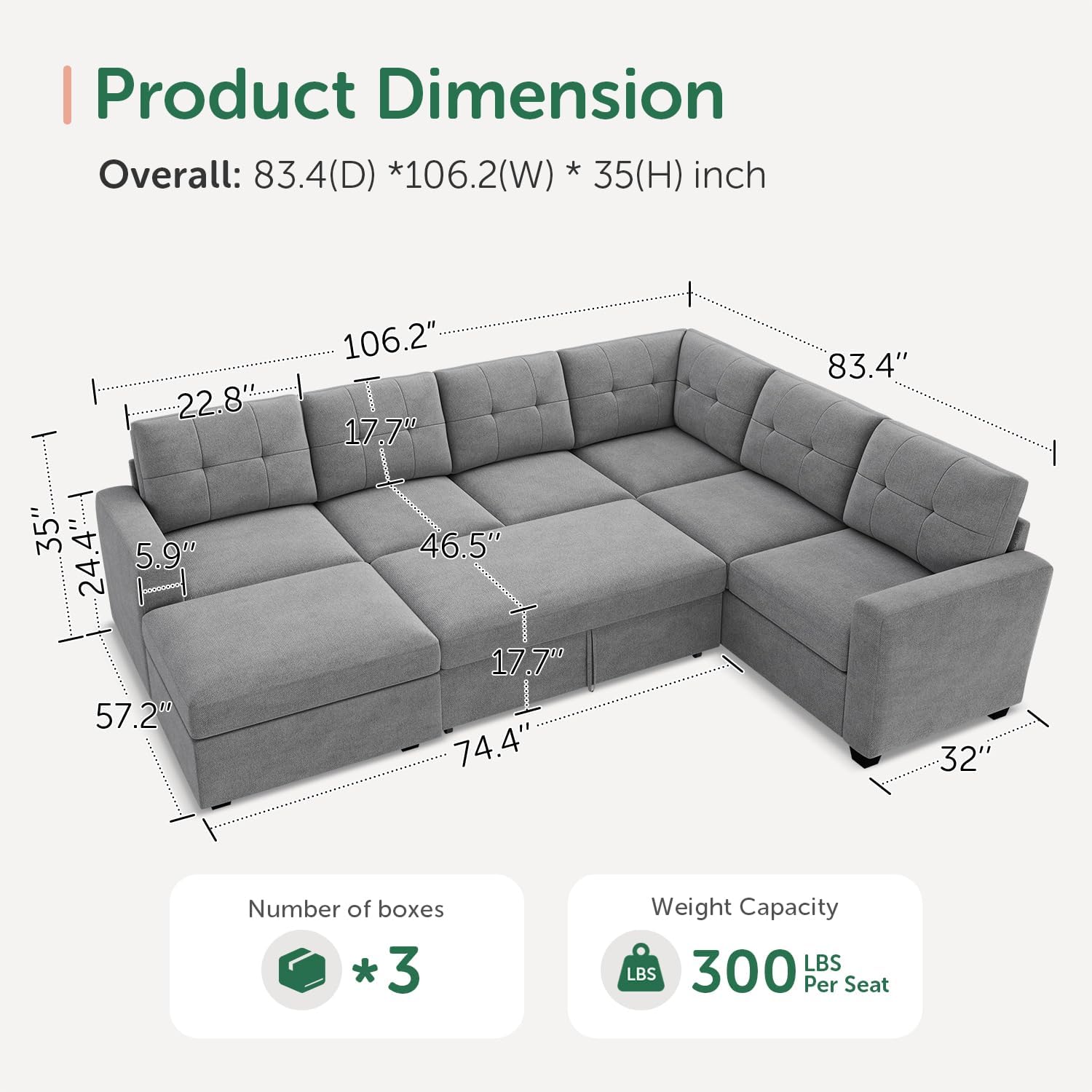 HONBAY 106.2 Inch U-Shaped Sectional Sleeper Sofa with Pull-Out Bed & Storage Ottoman, 7-Seater Sectional Sofa for Living Room, Pet-Resistant Fabric Couch, Grey