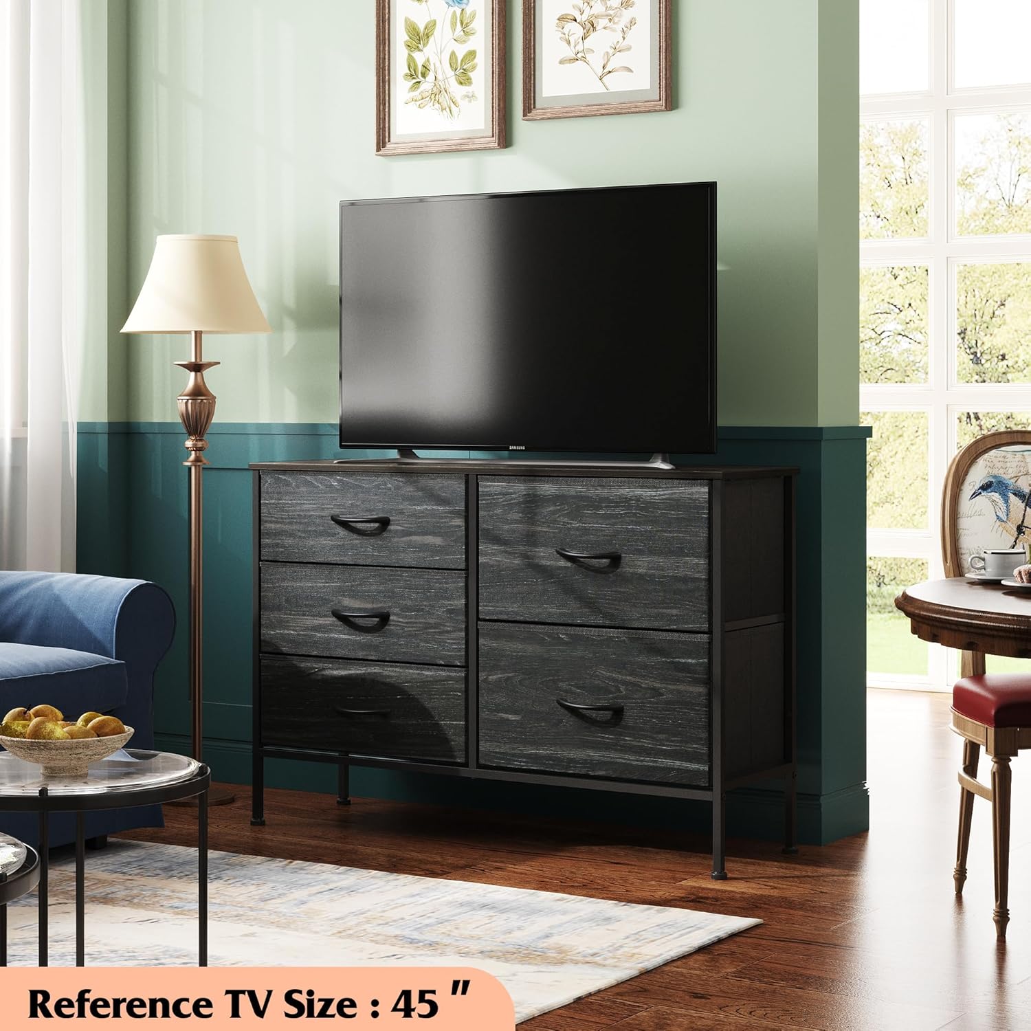 WLIVE Dresser for Bedroom with 5 Drawers, Wide Dressers with Drawer Organizers, Chest of Drawers, Fabric Dresser for Living Room, Closet, Hallway, Charcoal Black Wood Grain Print