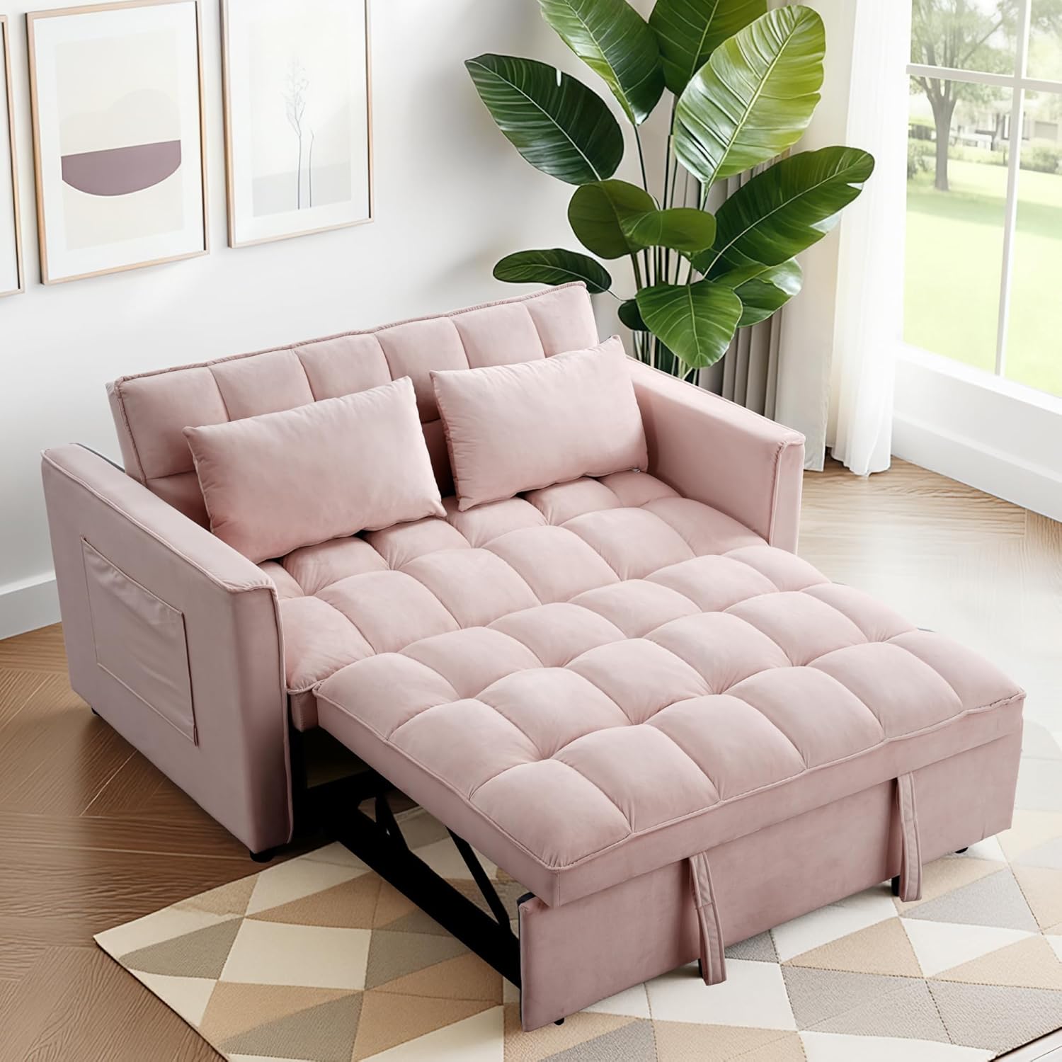 FLEXISPOT XCT4 Pull Out Couch, 3-in-1 Sleeper Sofa Bed with Adjustable Backrest, Loveseat Sleeper with Pillows & Side Pockets, Convertible Futon Couch for Small Spaces Guest Room Apartment, Cream